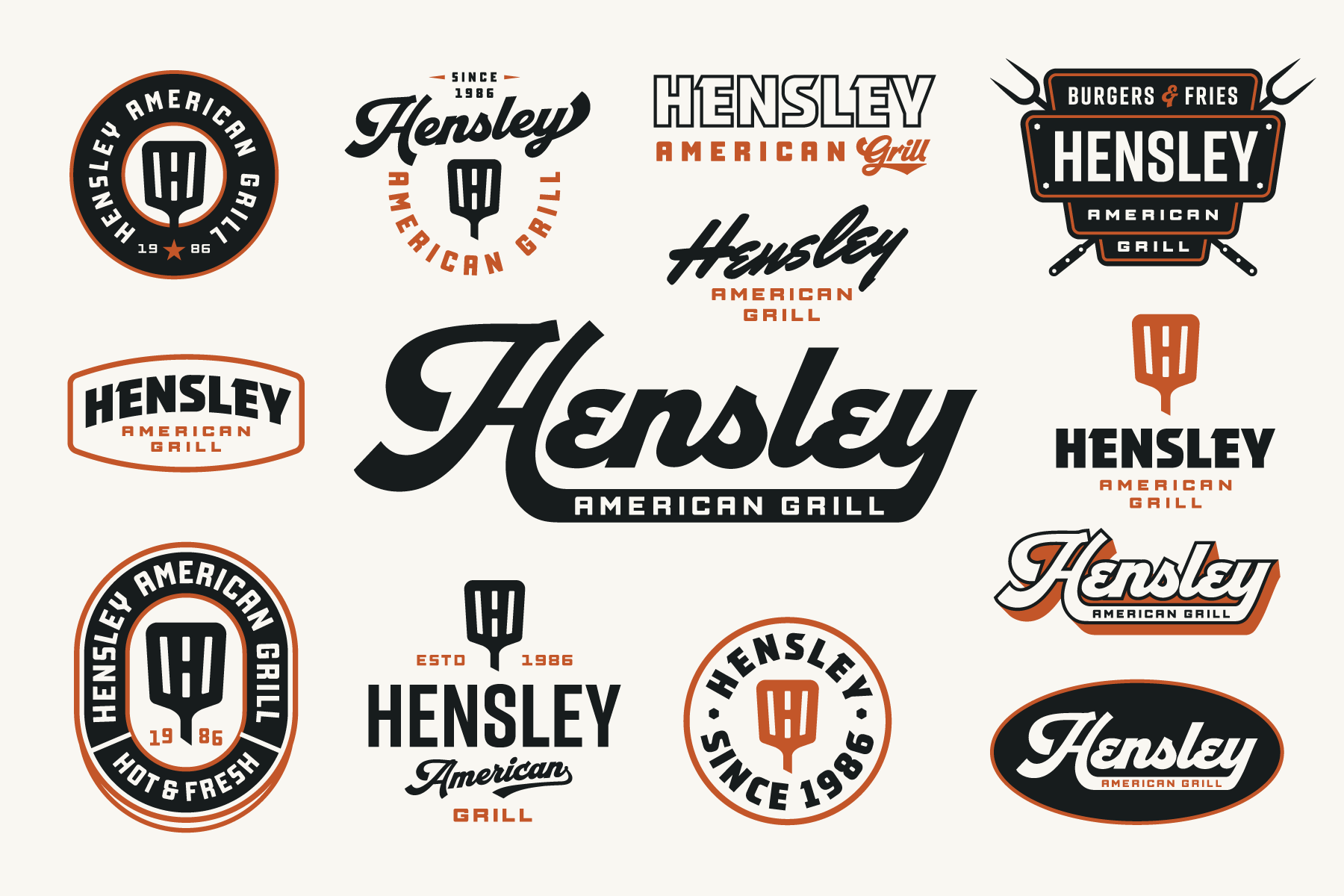 Hensley American Grill logo system featuring vintage restaurant badges, wordmarks, icons, and American grill brand marks.