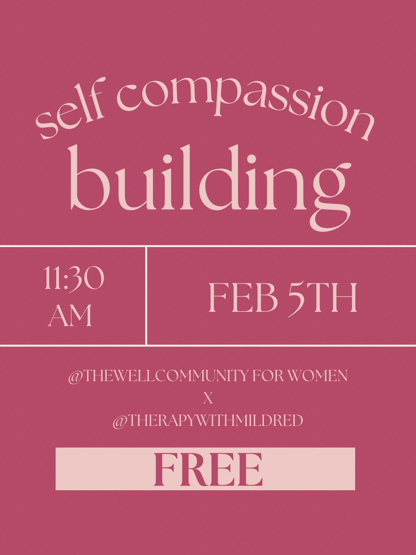 Self-Compassion Building
&bull;11:30am (right in the middle of break time)
&bull;The Well
&bull;Kids welcome
FREE

Join us for a gentle, grounding workshop led by @therapywithmildred -a chance to breathe, reflect, and practice being kinder to yoursel