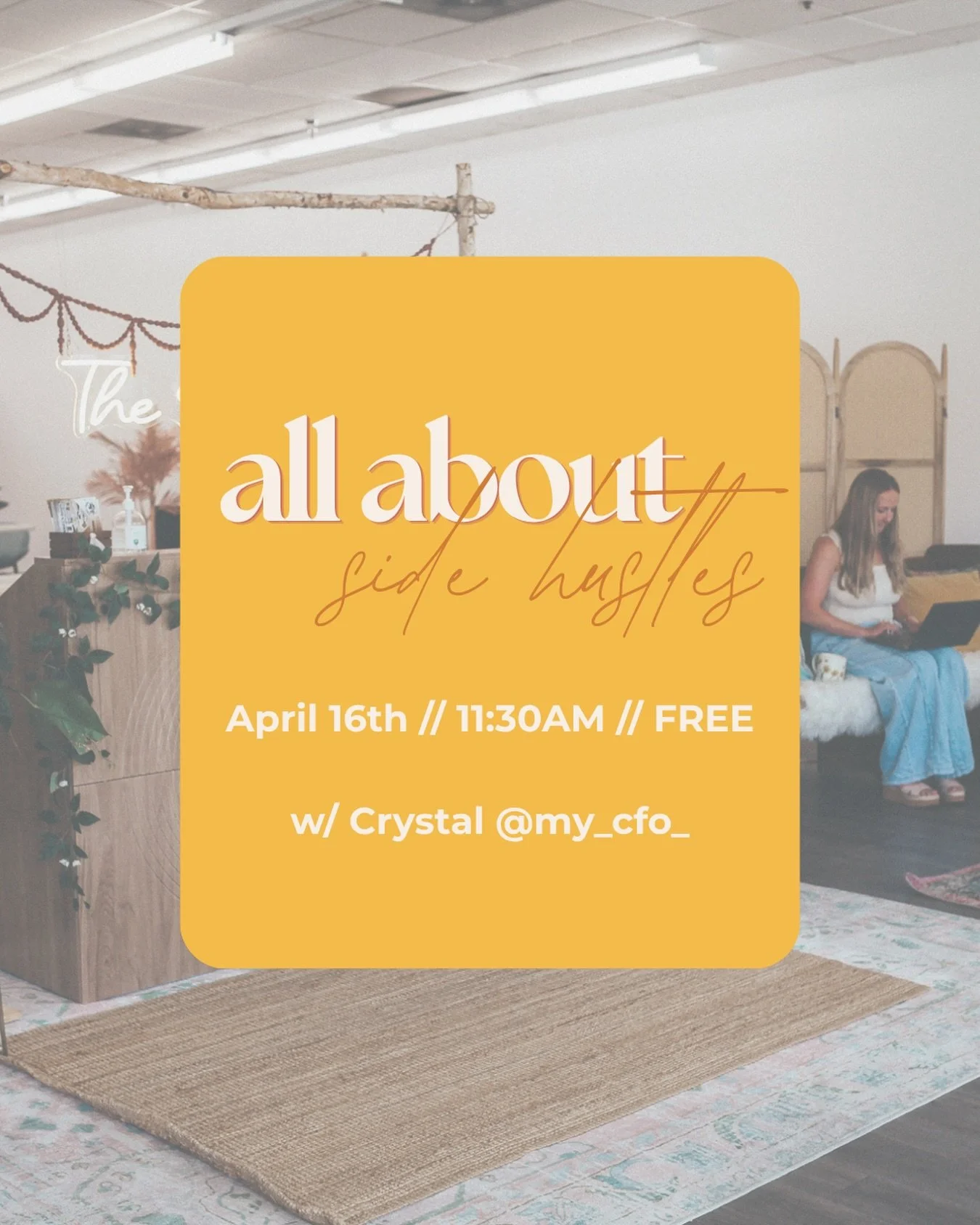 💸 Let&rsquo;s talk side hustles!
APRIL 16TH // 11:30AM

We&rsquo;re continuing our series with Crystal from @my_cfo_ and this one&rsquo;s hitting close to home! Whether you&rsquo;re already juggling a side gig or just curious about where to start, t