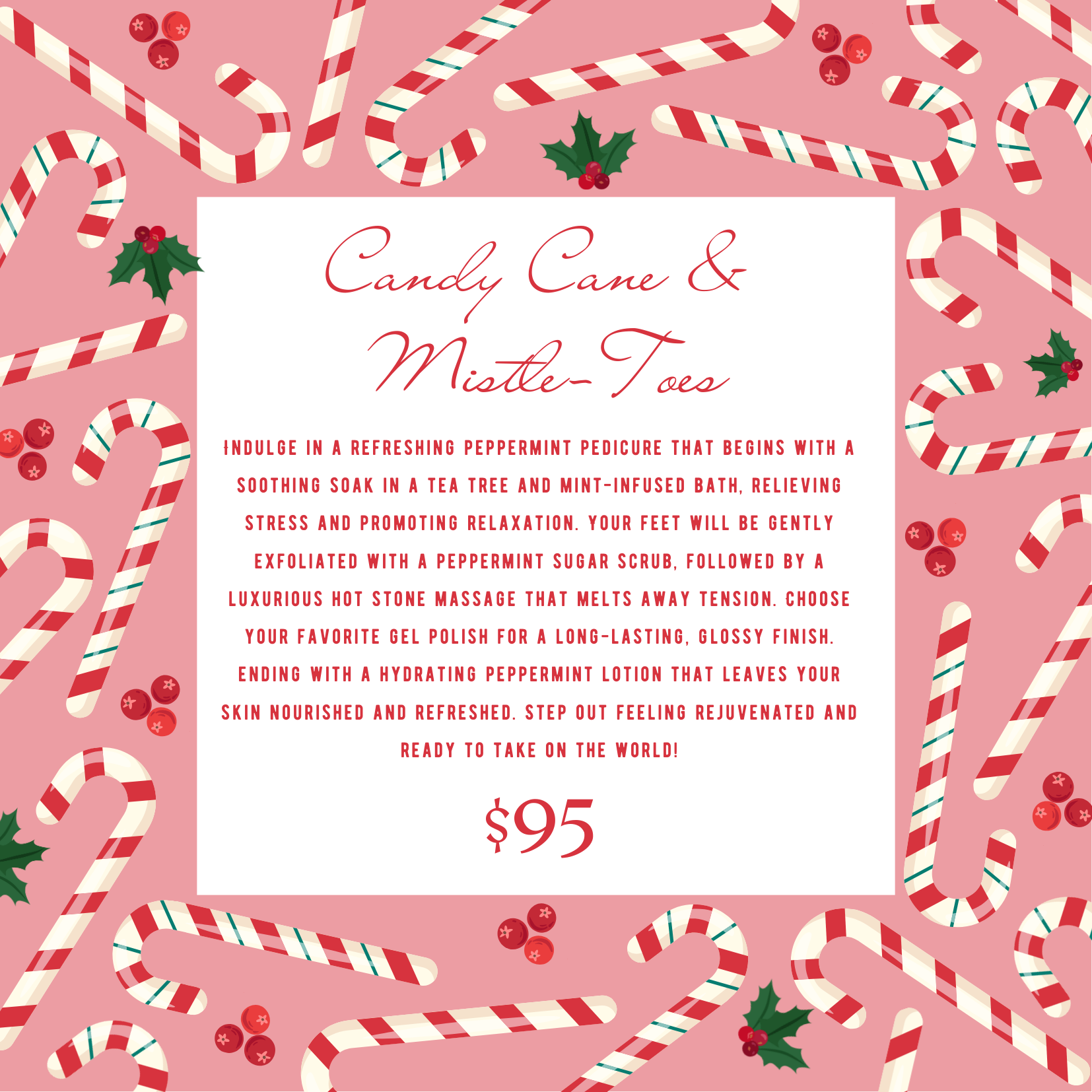 A promotional poster for Vanilla Bliss Massage with floral and vanilla leaf illustrations in the background, featuring details about the massage experience and price.
