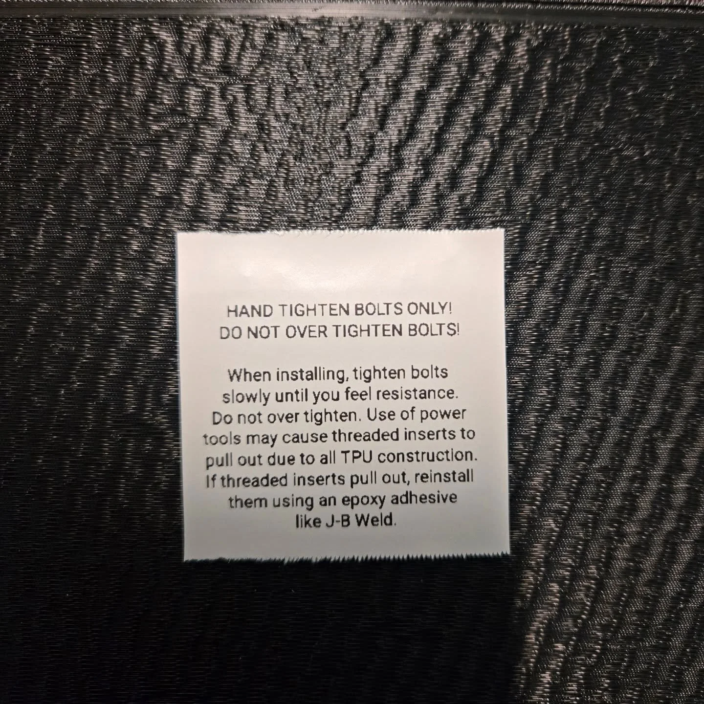 When installing EvoPad, use your existing hardware and be sure to install bolts by hand and do not over tighten!  TPU is a very flexible material and not following this simple step could cause the threaded inserts to pull out.