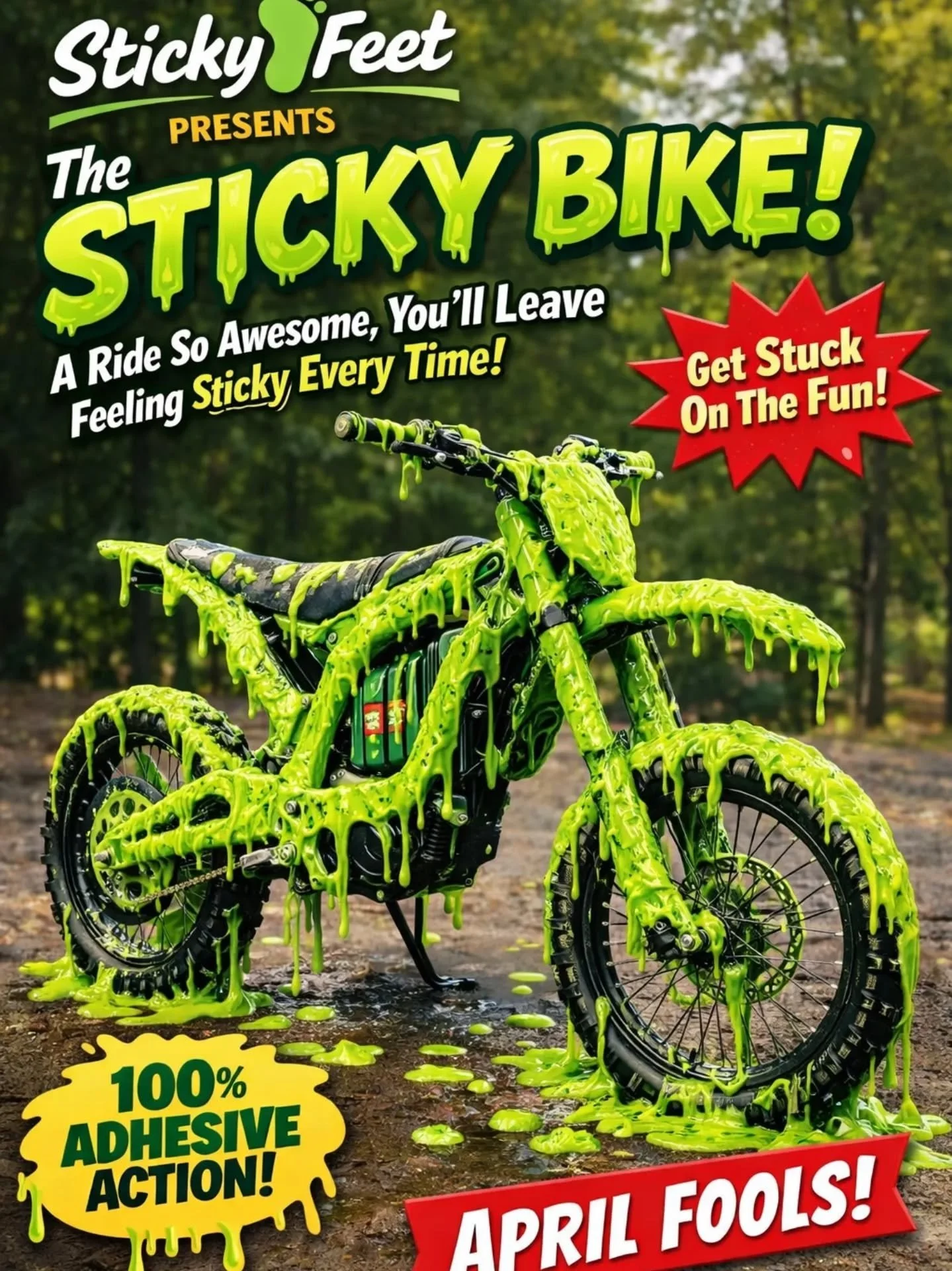 Sticky Bike&trade; &mdash; The Ride That Won&rsquo;t Let Go

Finally, a bike with too much grip. The Sticky Bike&trade; features our completely unnecessary, wildly excessive adhesion system that bonds you, your shoes, and your life choices directly t