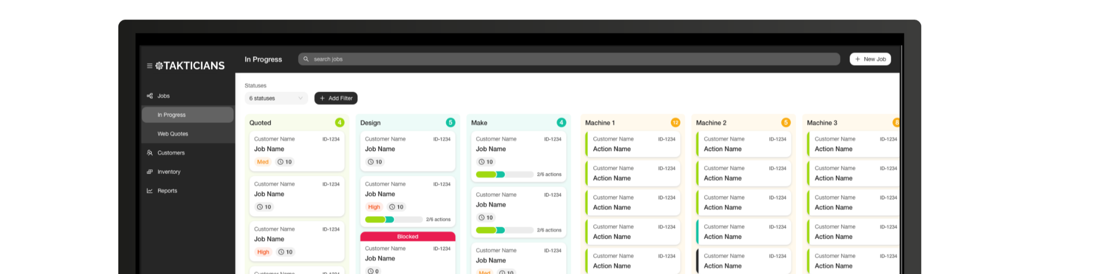A computer screen showing Takticians value stream page of orders in a production line