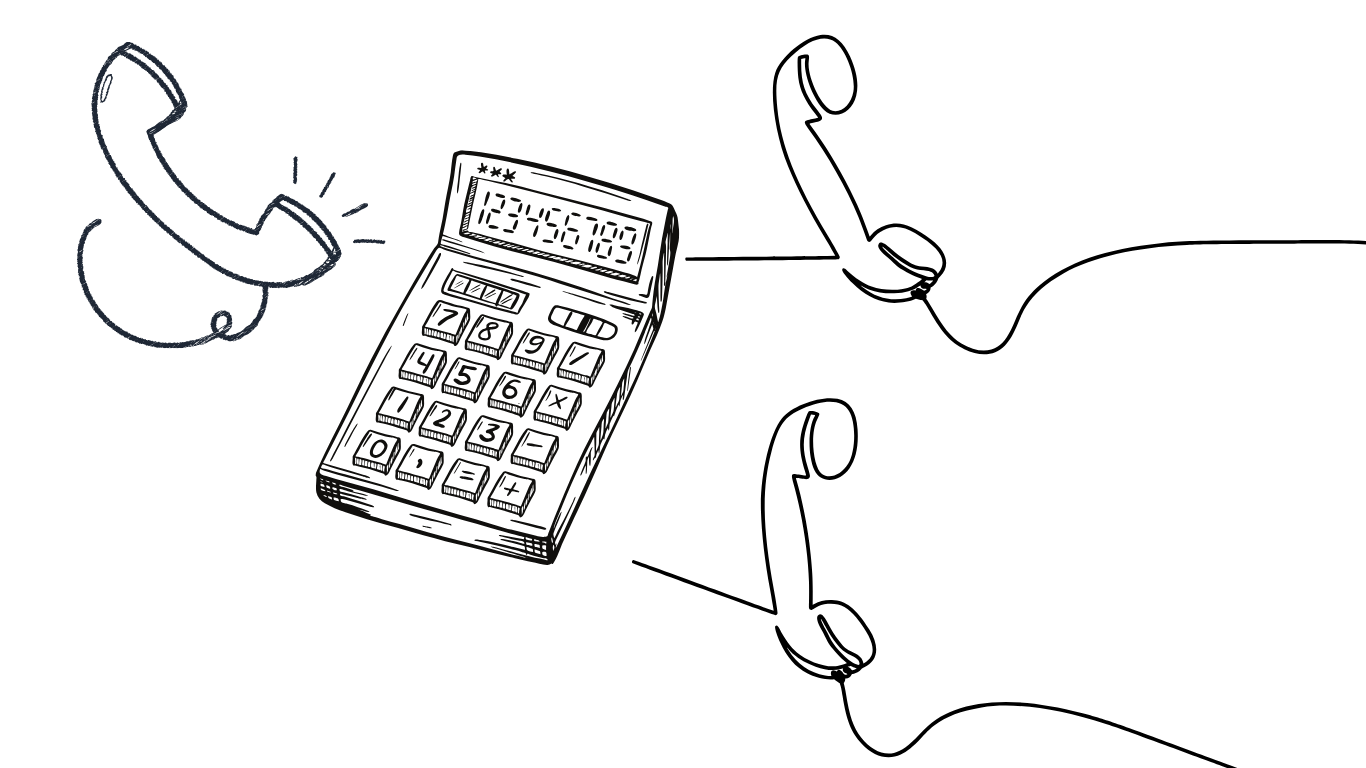 Line drawing of a landline telephone with a handset, a calculator, and two other phones connected by lines to the calculator.