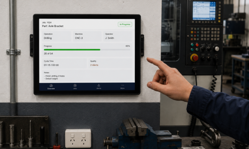 Person pointing at a tablet screen displaying a manufacturing process status in a workshop.