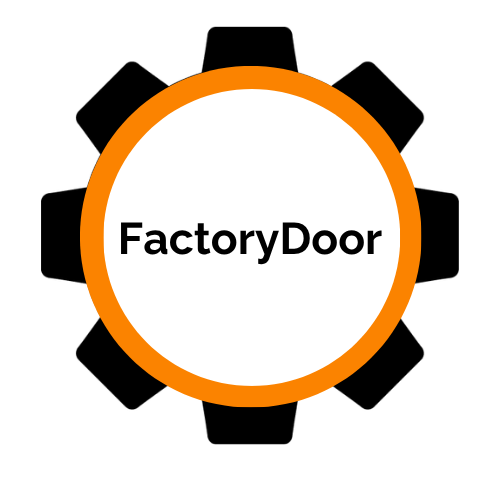 A black cog with an orange and the words FactoryDoor in the middle