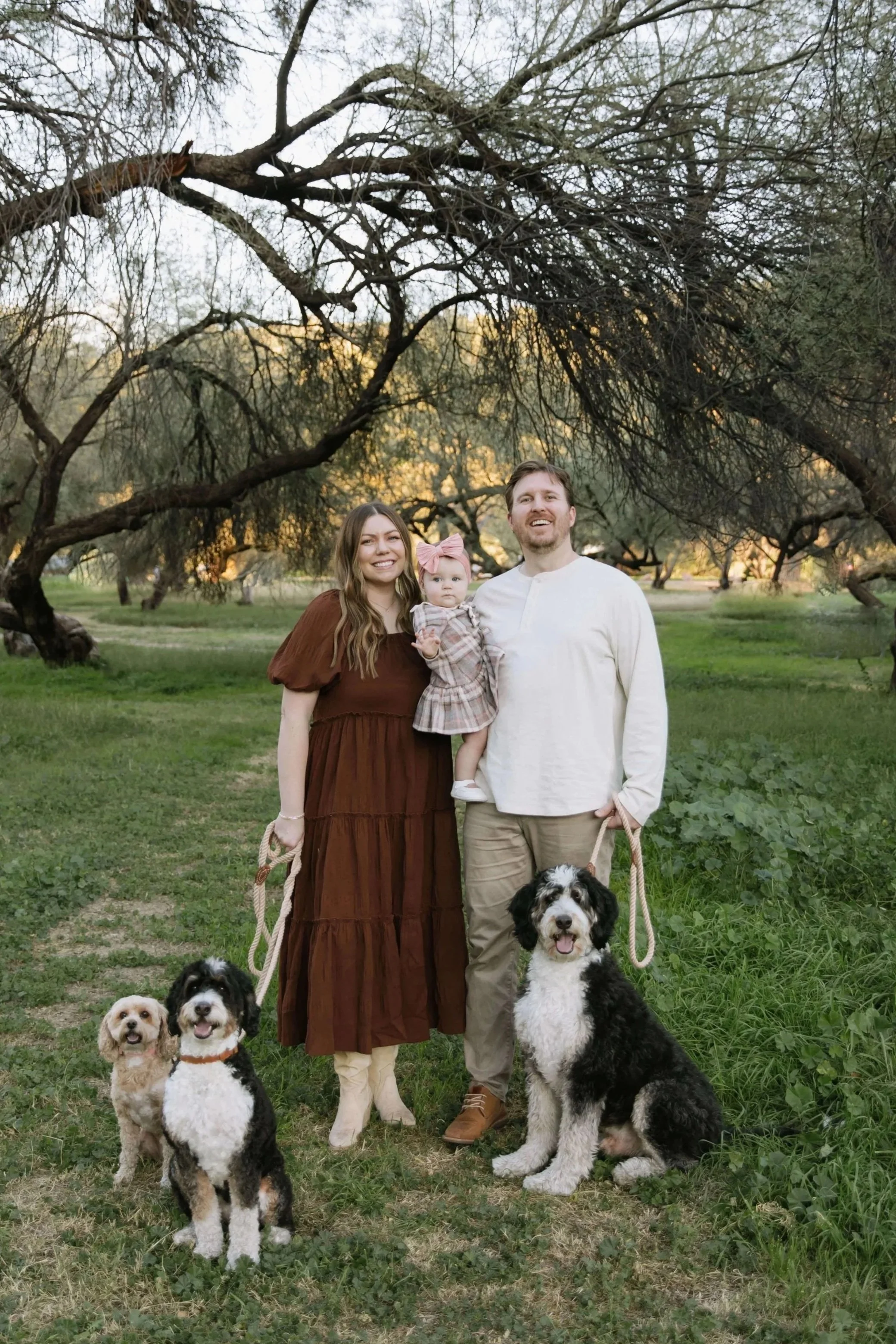 A happy family walking their dogs outdoors in a park during sunset, with a woman in a brown dress, a man in a cream shirt, and a young girl with a pink bow in her hair.