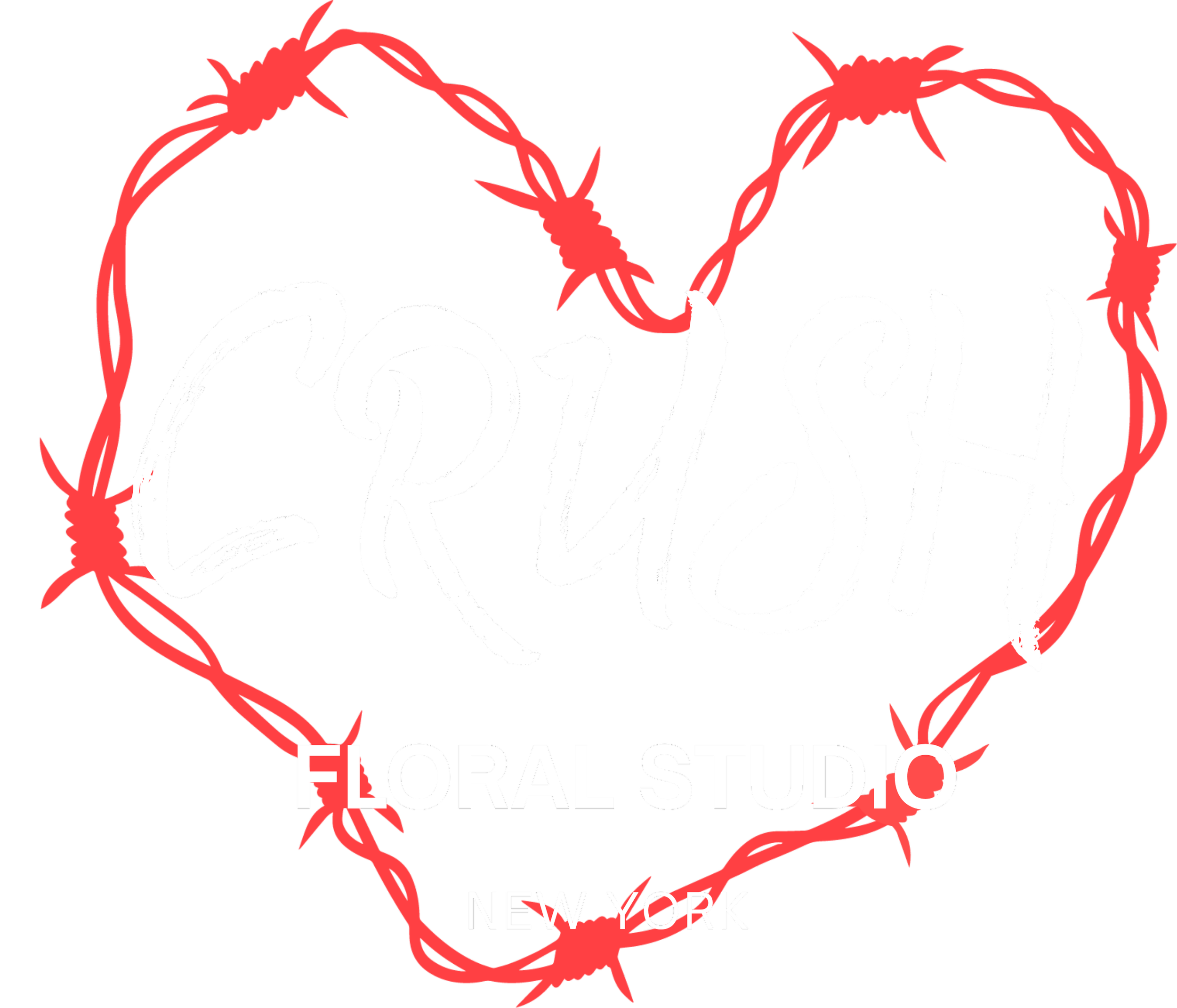 CRUSH Floral Studio Logo in white with a red barbed wire heart in the background.