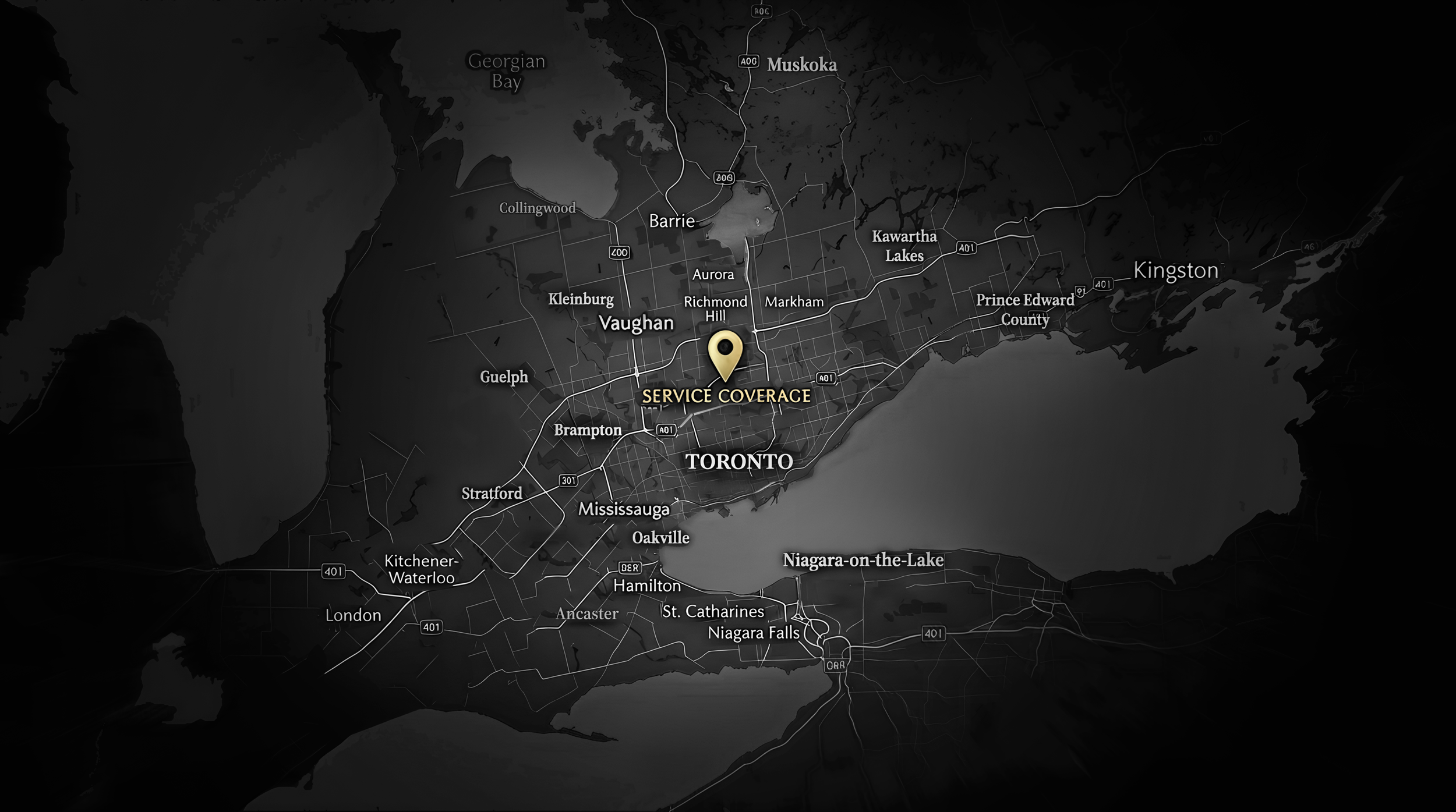 Service coverage map for professional mobile makeup artist serving Richmond Hill, Toronto, Vaughan, Markham, Aurora, Newmarket and the Greater Toronto Area for bridal, maternity, boudoir and special event makeup services.