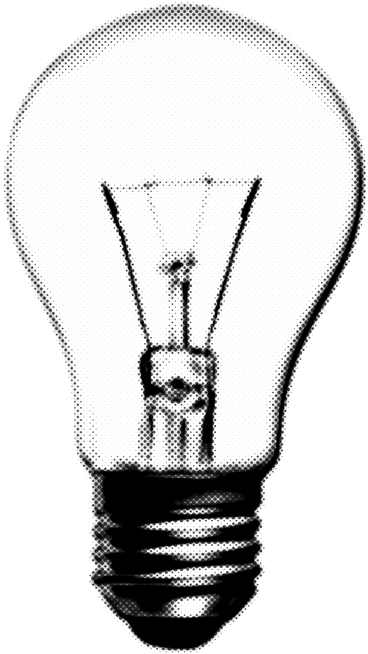 Black and white illustration of a light bulb with a person inside.