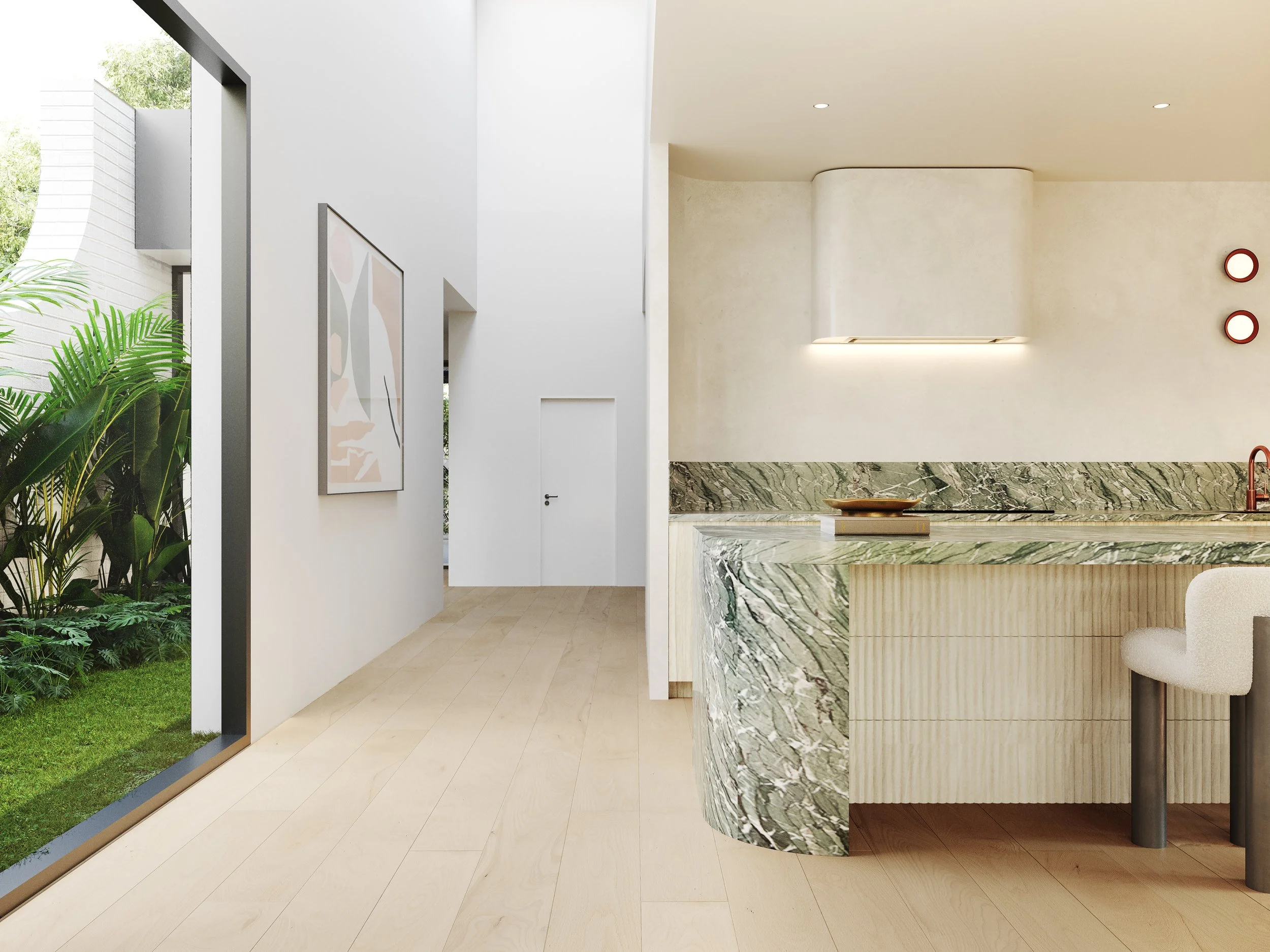 Modern kitchen with marble island, cream walls, and large window overlooking green garden.