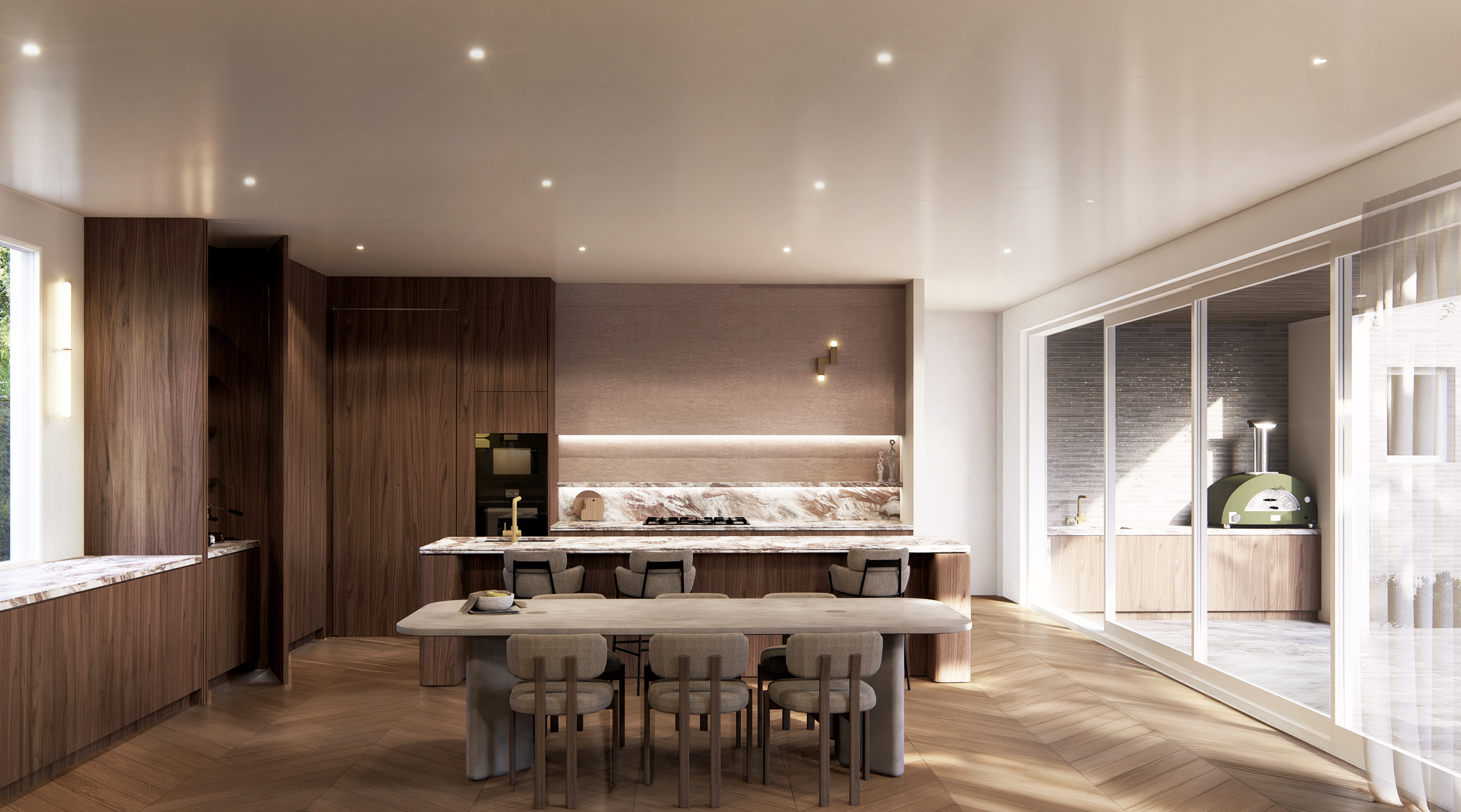 Modern kitchen with wooden cabinets, marble countertops, dining table with six chairs, and a small outdoor grilling area visible through sliding glass doors