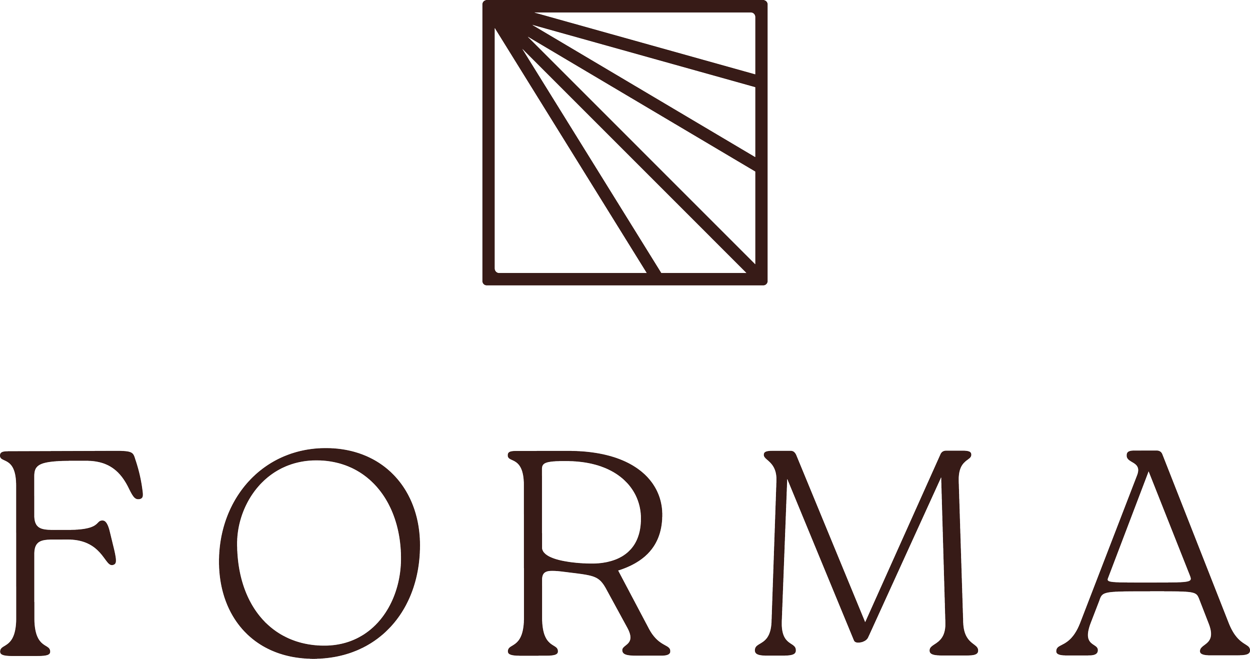Logo with a stylized square with diagonal lines above the word 'FORM'A' in brown font.