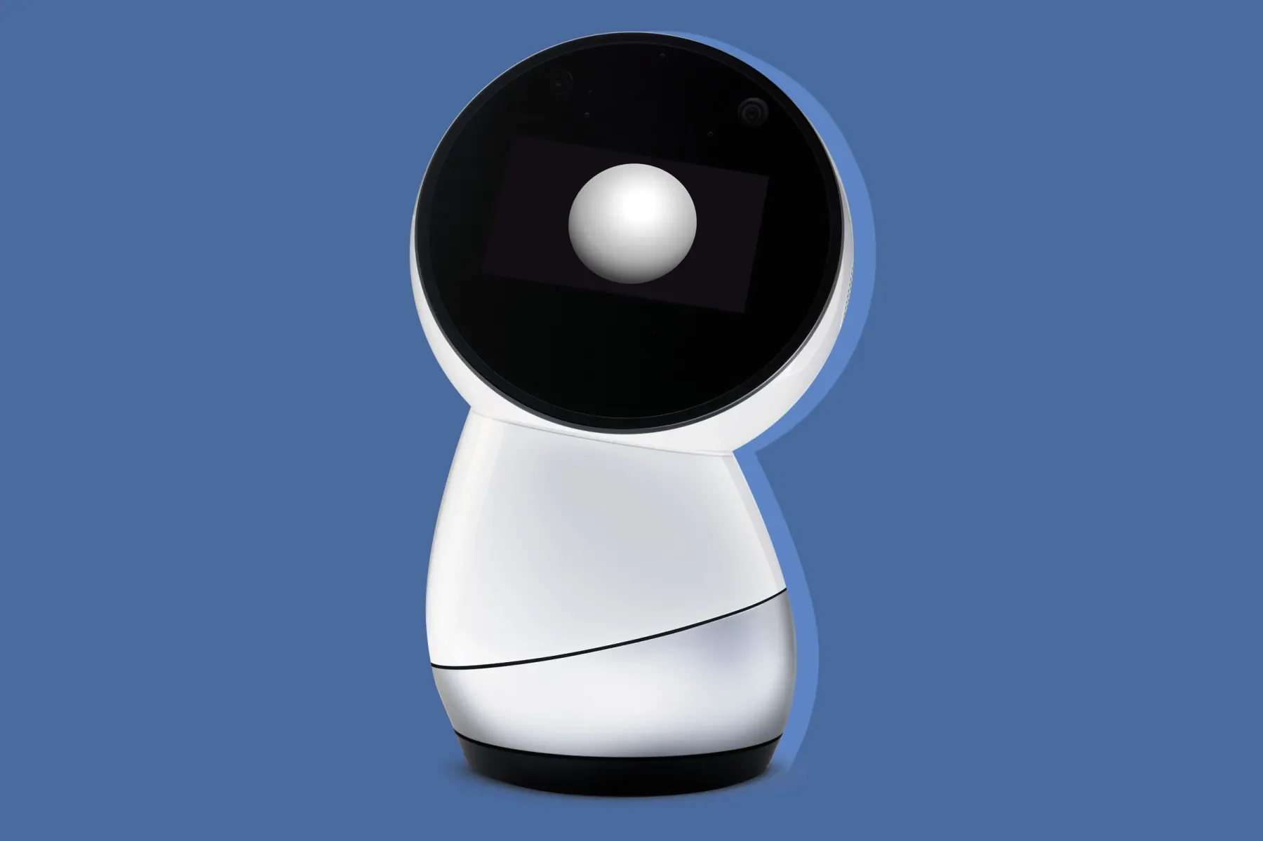 A white robot with a round black face and a gray sphere on its screen, set against a blue background.