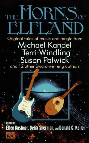 Cover of the book "The Horns of Efland" featuring two guitars, one electric and one acoustic, with a galaxy and musical notes background, and text with the authors' names.