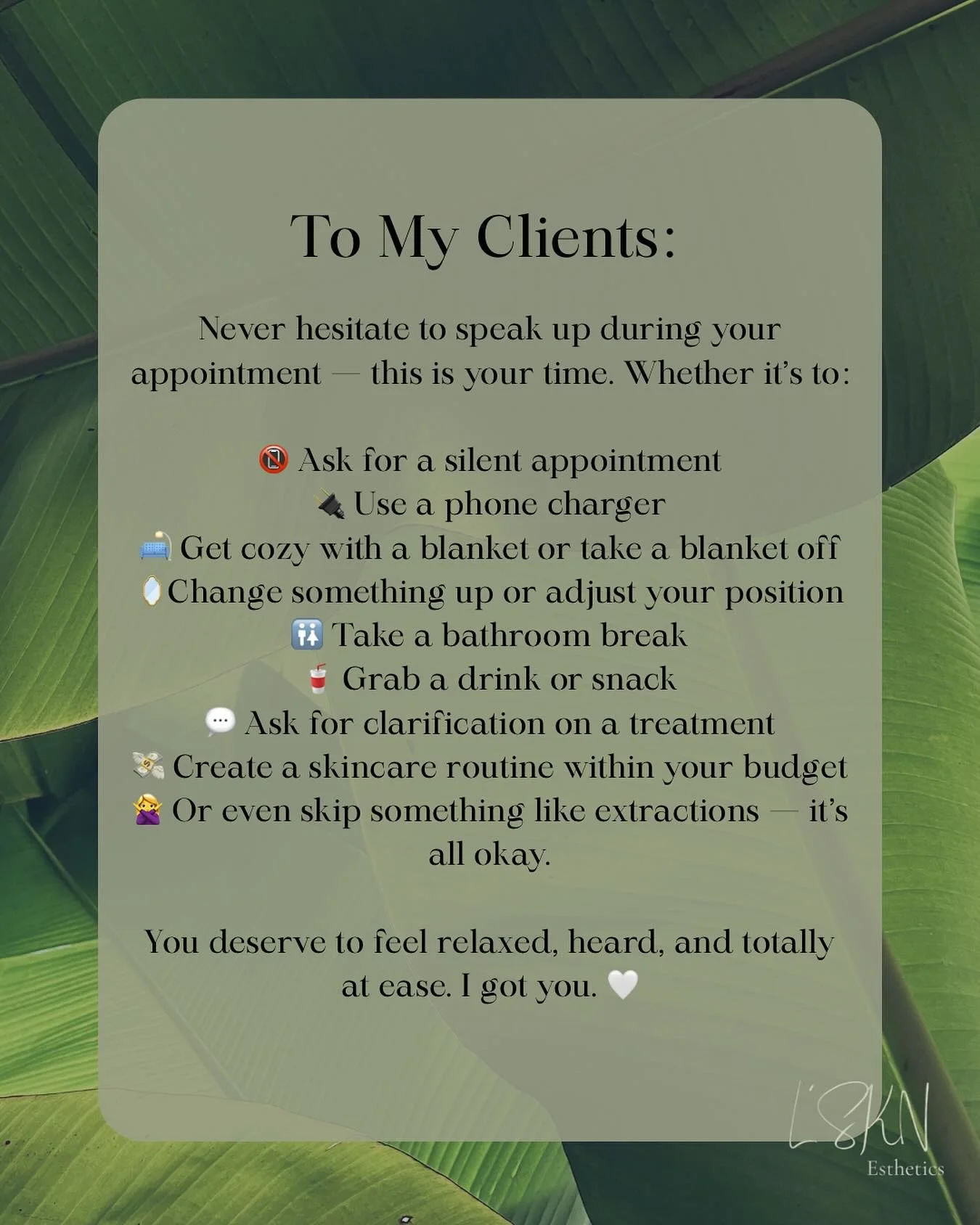 PSA: Your comfort comes first at L&rsquo;SKN Esthetics 💕

Your appointment is your safe space &mdash; take what you need.