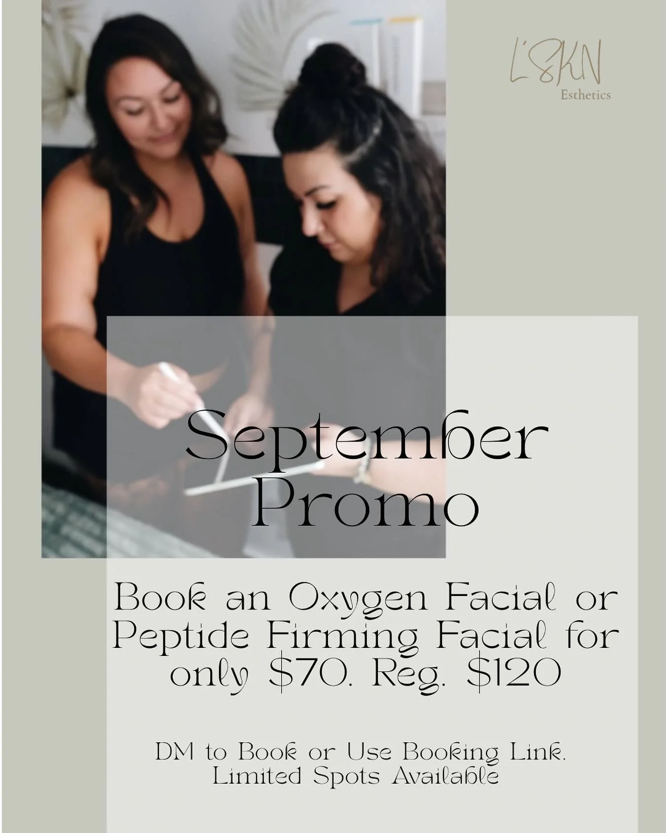✨ September Promo ✨

This month, treat your skin with one of our glow-boosting facials for only $70 (reg. $120)! 💆&zwj;♀️

🌿 Oxygen Facial
Perfect for anyone wanting:
&bull; Increased hydration + radiant glow ✨
&bull; Help to treat acne concerns 🌸