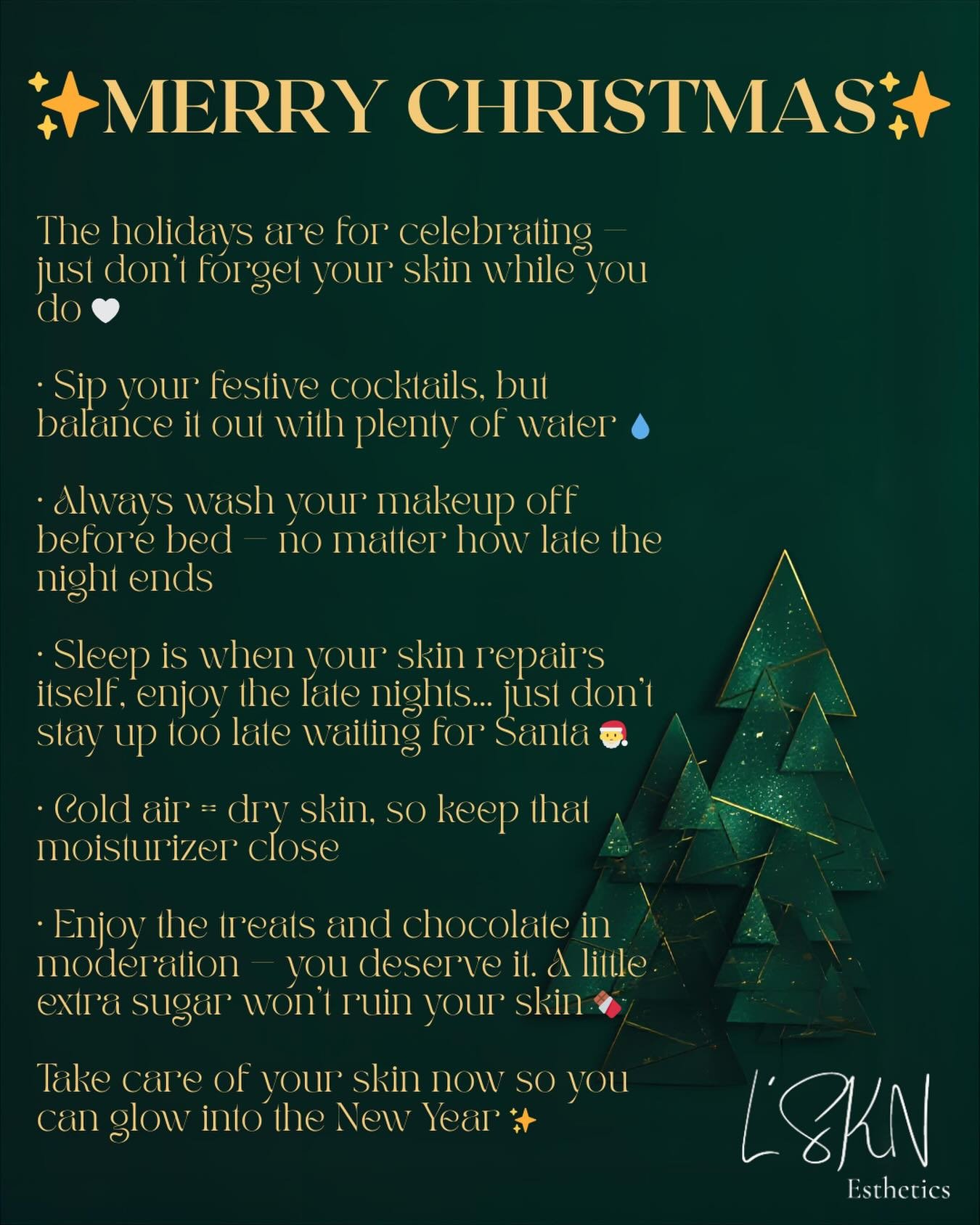 ✨ Holiday Skin Reminder from L&rsquo;SKN Esthetics ✨

The holidays are for celebrating &mdash; just don&rsquo;t forget your skin while you do 🤍

&bull; Sip your festive cocktails, but balance it out with plenty of water 💧

&bull; Always wash your m