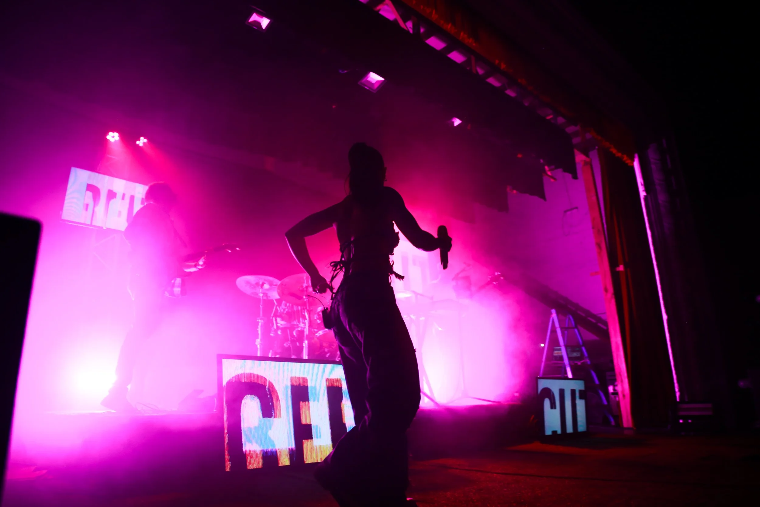 A silhouette of a woman with a microphone dancing on stage with a live party band performing in the background, illuminated by pink stage lights.