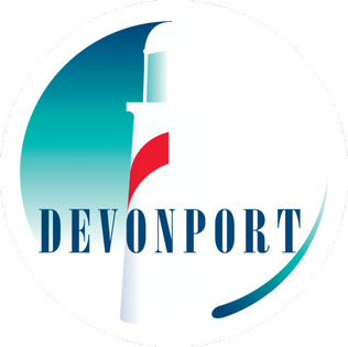 Devonport logo with a lighthouse and wave design.