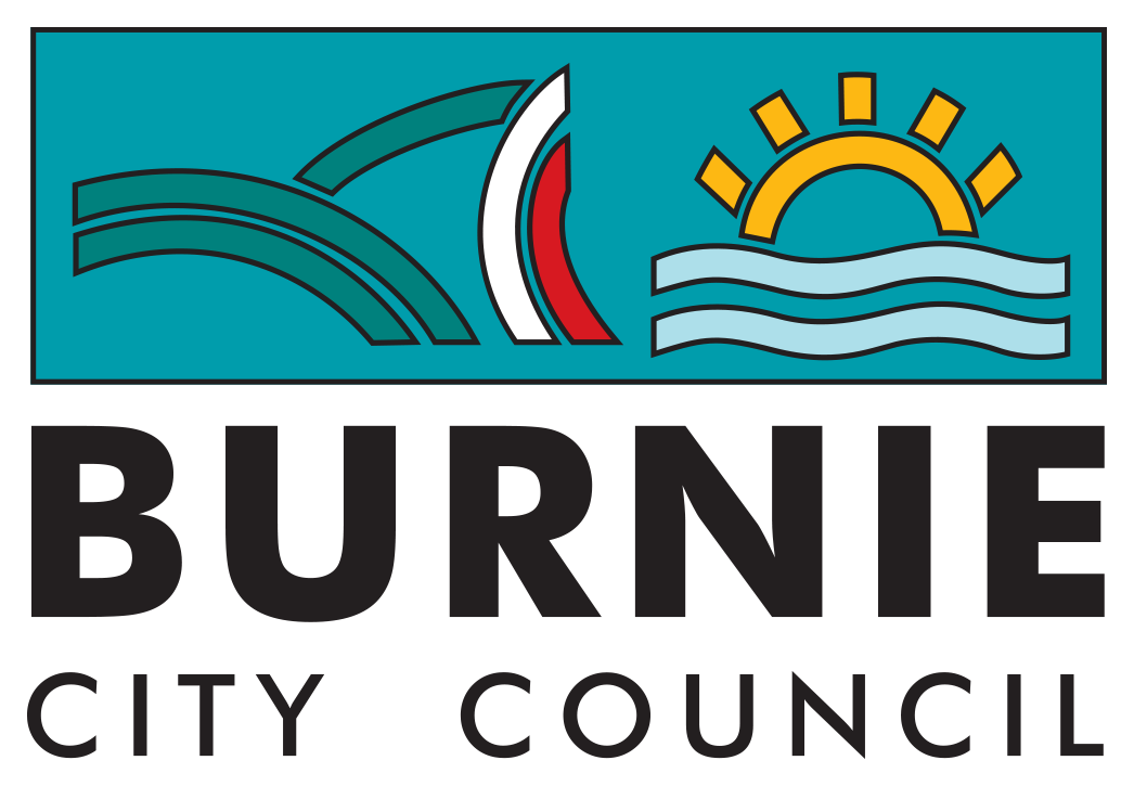 Logo for Burnie City Council featuring stylized images of a rainbow, sun, and water, with the text 'Burnie City Council' beneath.