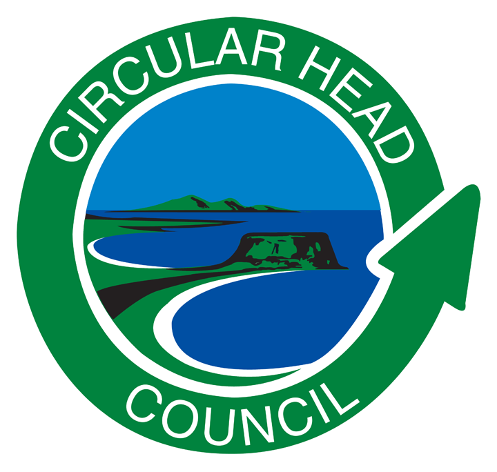 Circular emblem with a landscape of green hills, a beach, and water, surrounded by the text 'CIRCULAR HEAD COUNCIL' in white on a green background.