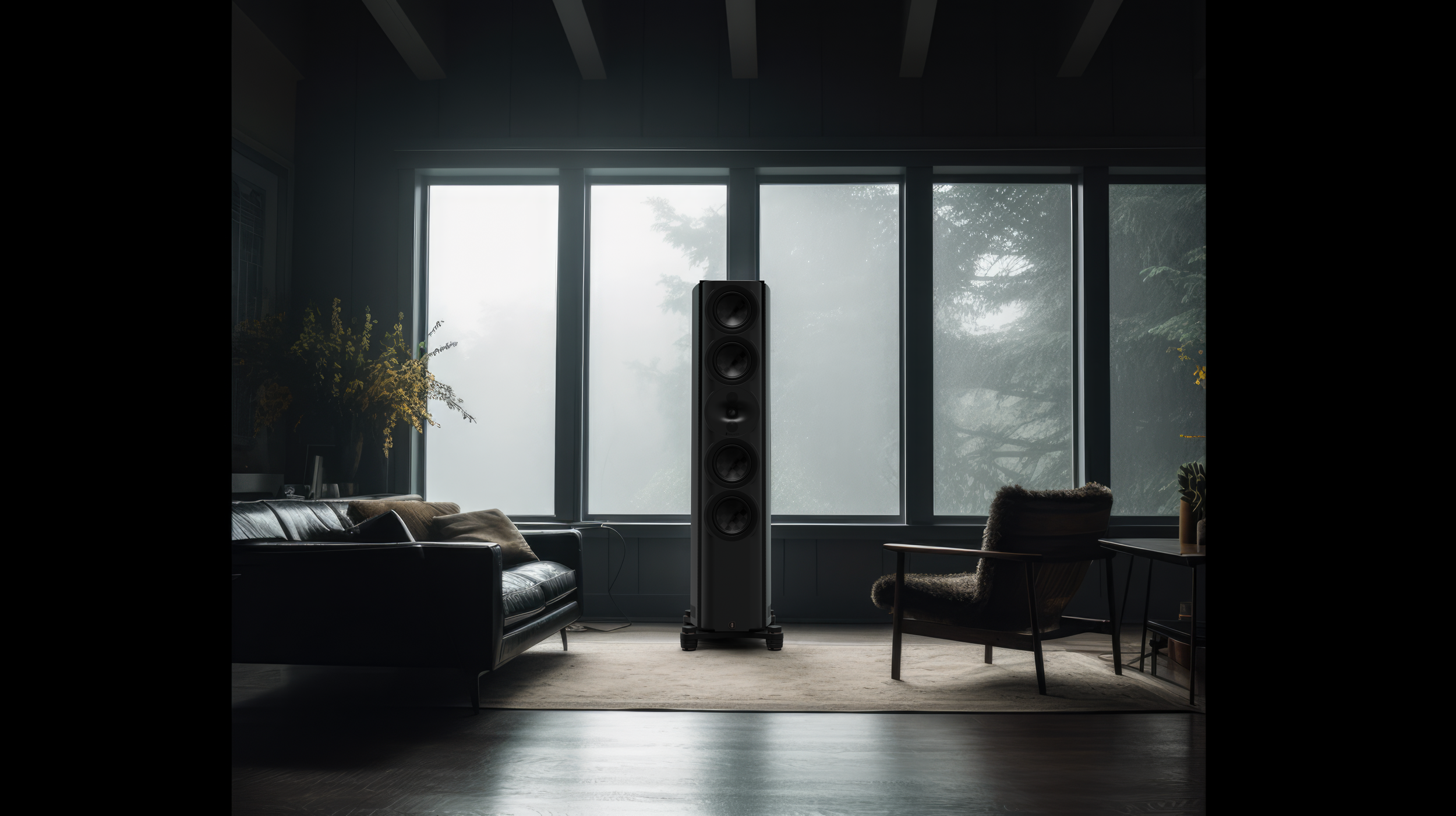 A living room with large windows, a black leather sofa with pillows, and a modern chair, featuring a tall black floor speaker in the center.