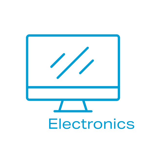 Outline of a computer monitor with reflections, and the word 'Electronics' below.