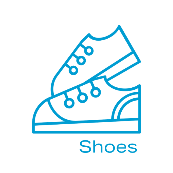 Blue outline drawing of a sneaker, with the word "Shoes" written below in blue.