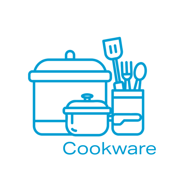 Outline of cookware set including pots and utensils, with the word 'Cookware' beneath.