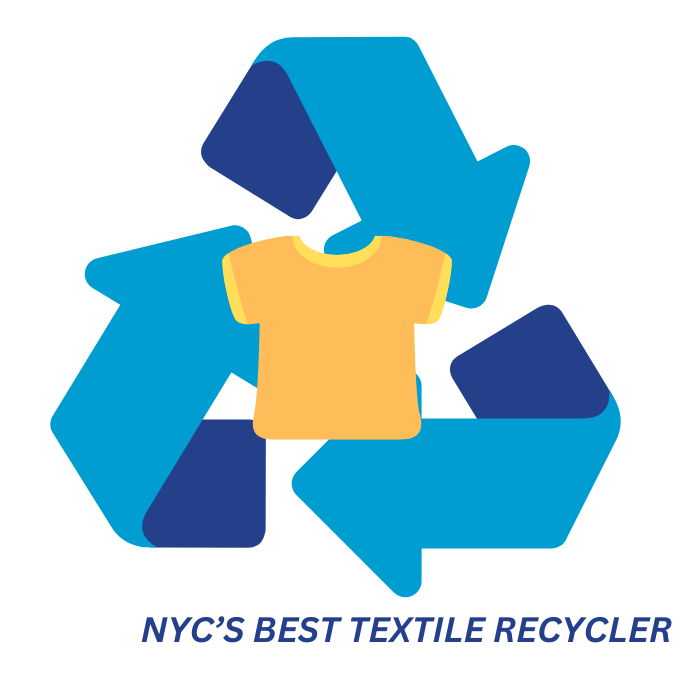Illustration of a yellow T-shirt surrounded by a blue recycling symbol with arrows, labeled 'NYC'S BEST TEXTILE RECYCLER'.