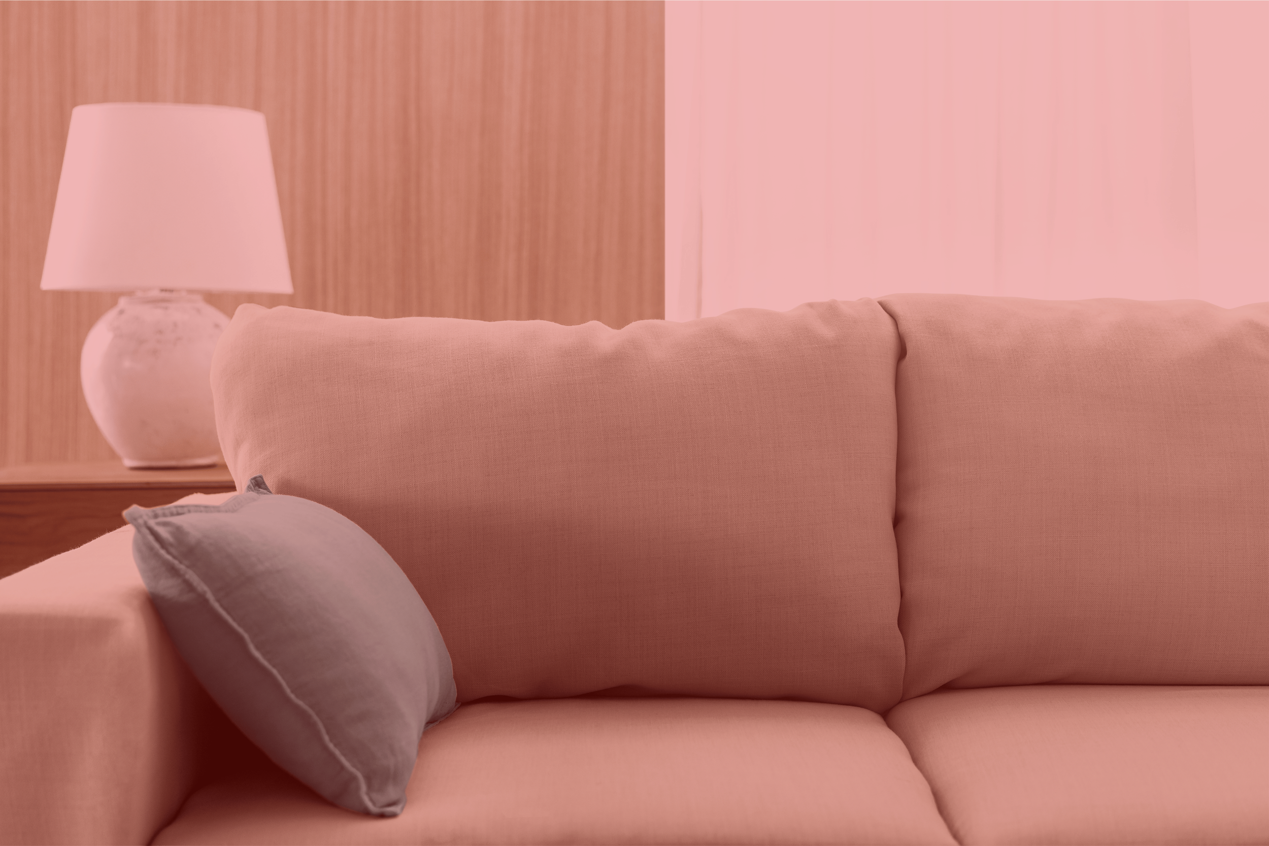 This is an image of a couch with a lamp on a table in what appears to be in a living room.