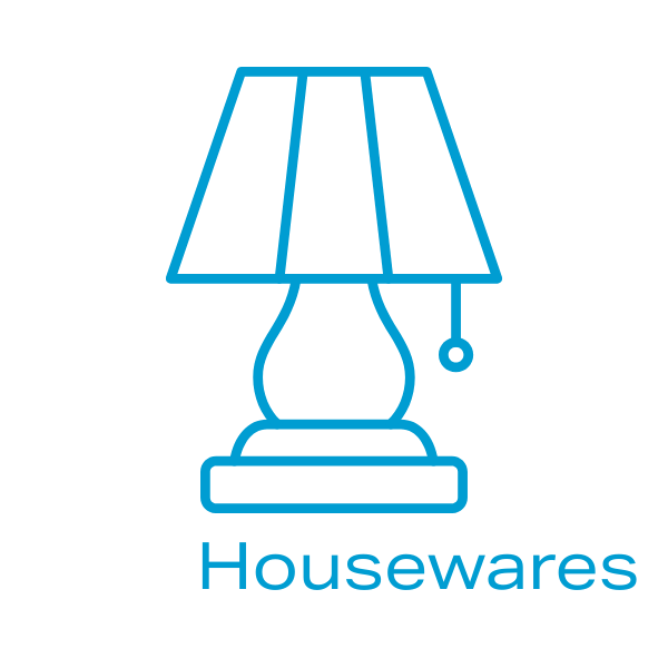 Outline drawing of a table lamp with a lampshade and a pull chain switch, and the word 'Housewares' underneath.