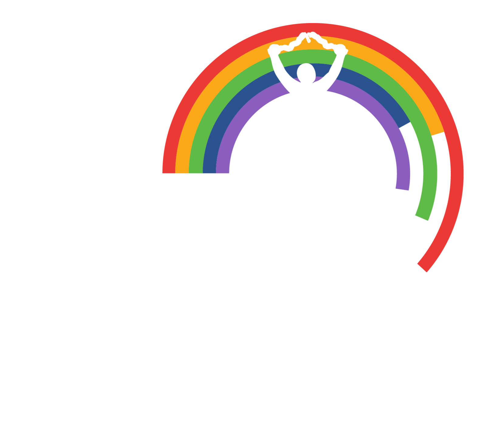 Atlantis Community Inc. logo with wheelchair user breaking chains above their head. Arched rainbow behind them.