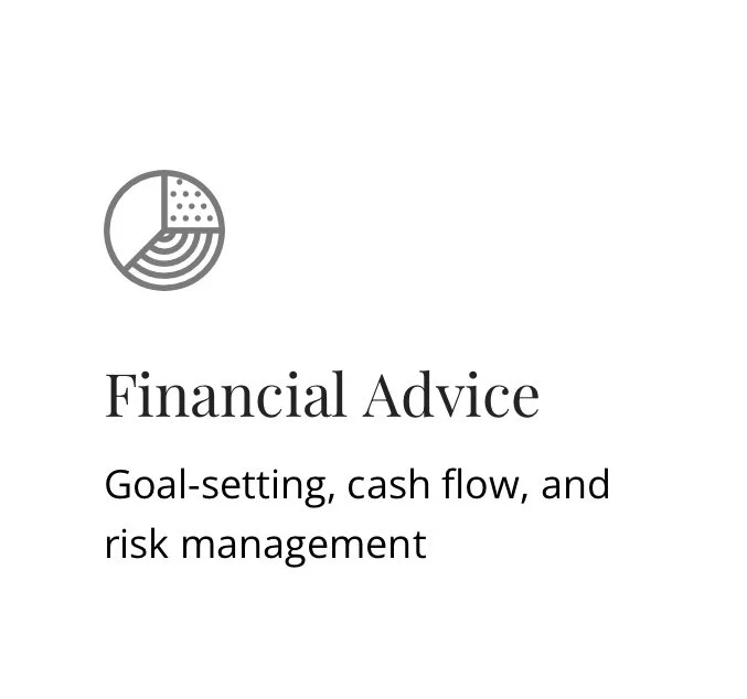 Illustration of a pie chart and text about financial advice including goal-setting, cash flow, and risk management.