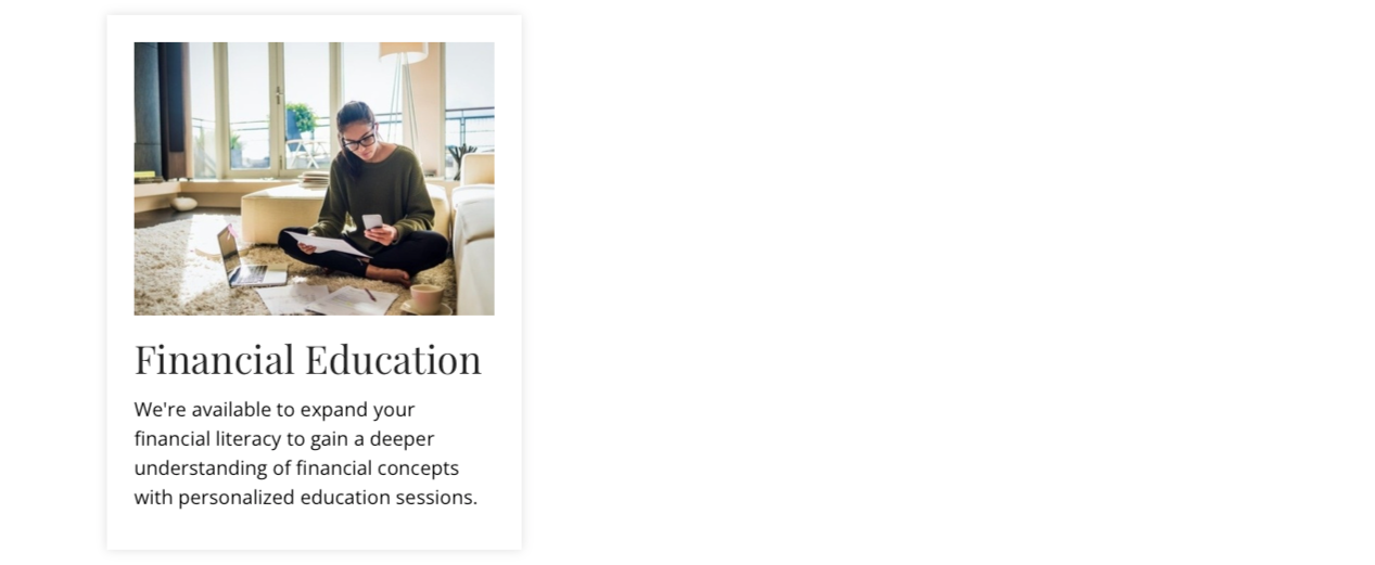 A woman sitting on the floor of a bright living room, using her phone with a laptop and papers around her, promoting financial education services.