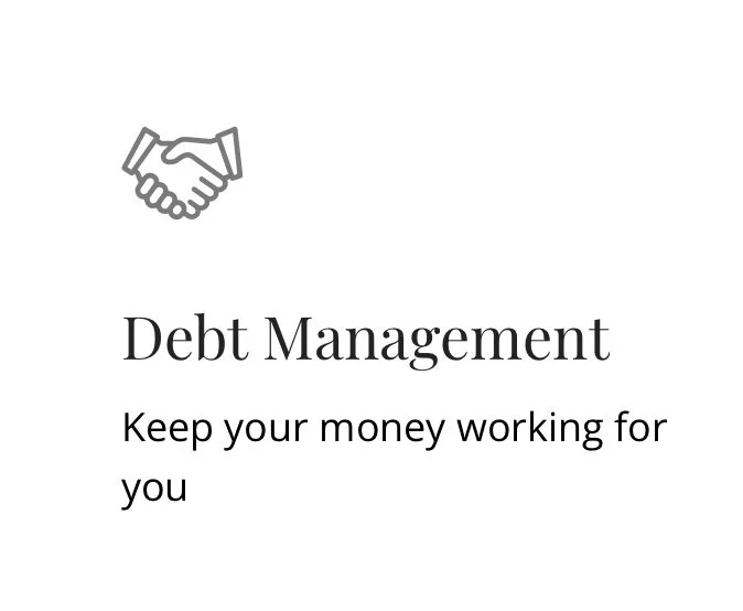 Illustration of a handshake with the text 'Debt Management' and 'Keep your money working for you' beneath it.