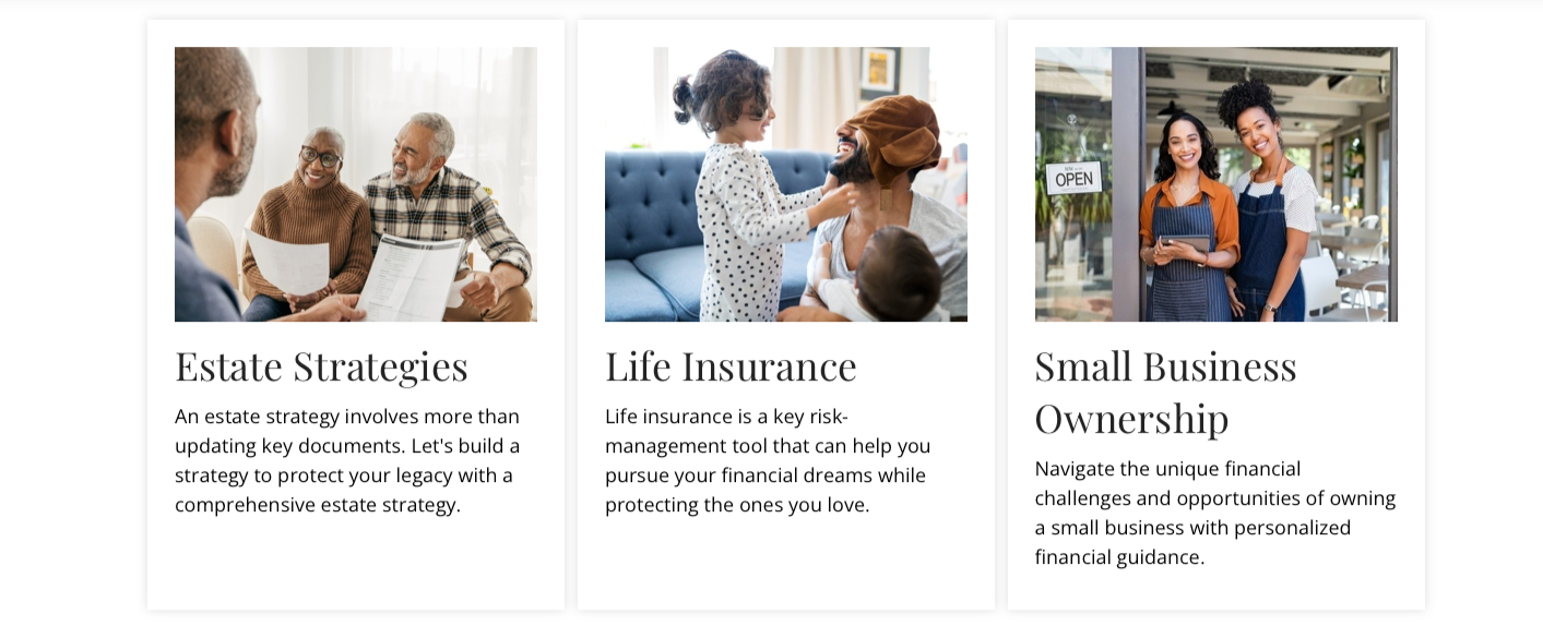 Three separate images with text overlays: one of older adults discussing documents indoors, another of a woman and child playing indoors, and the third of two women standing outside a small business with an 'Open' sign.