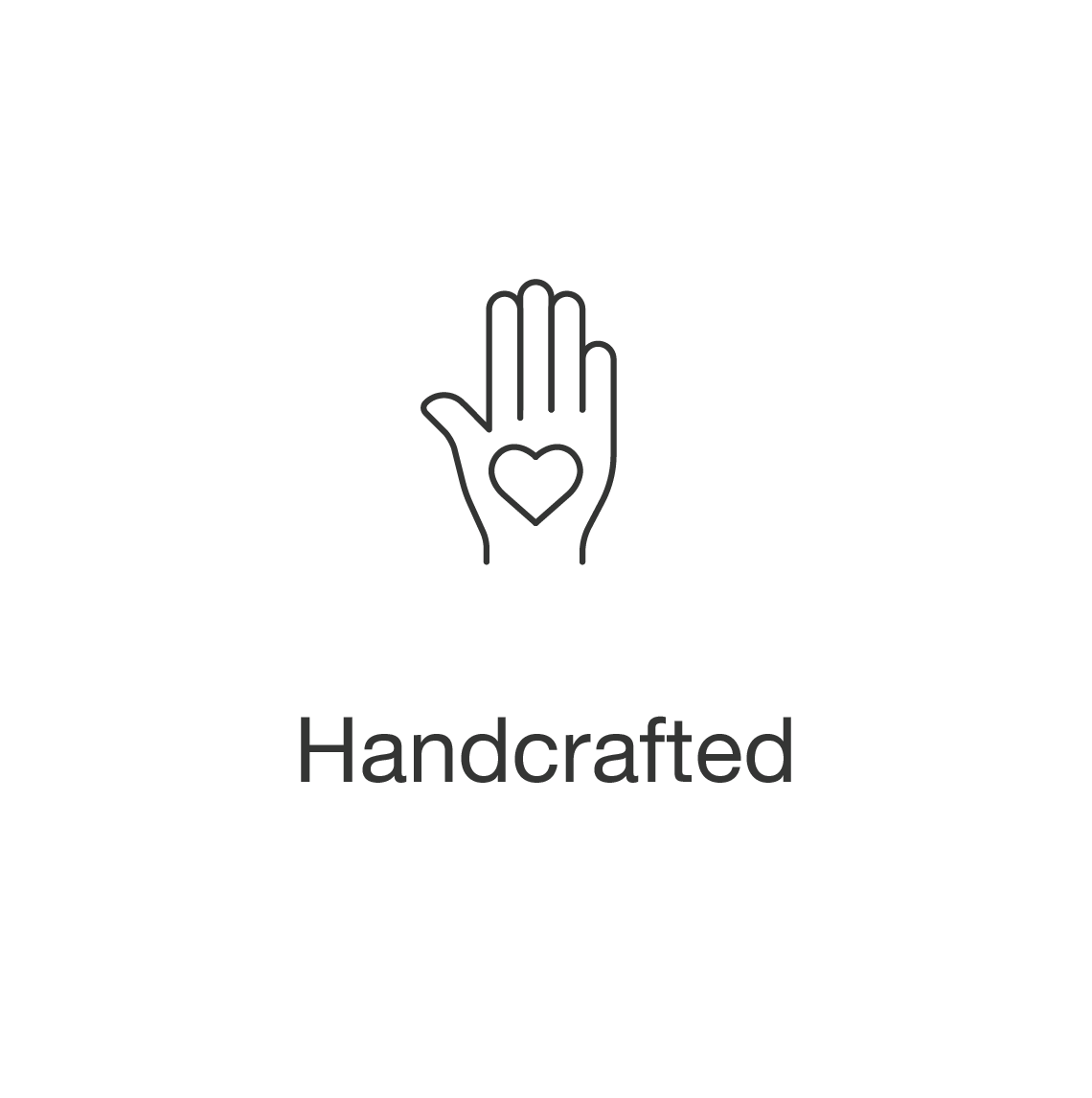 Icon of a hand with a heart and the text 'Handcrafted' underneath.