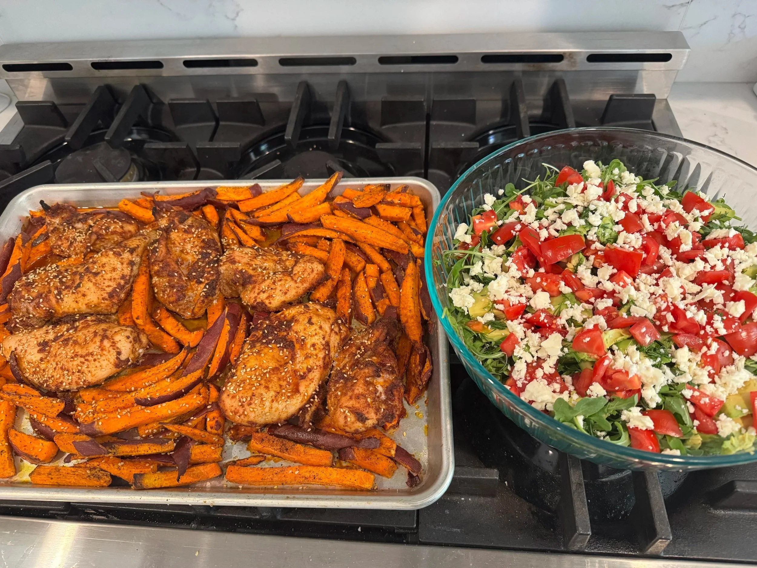 Sheet Pan Sesame Feta Chicken and Sweet Potatoes with Creamy Honey Mustard Dressing