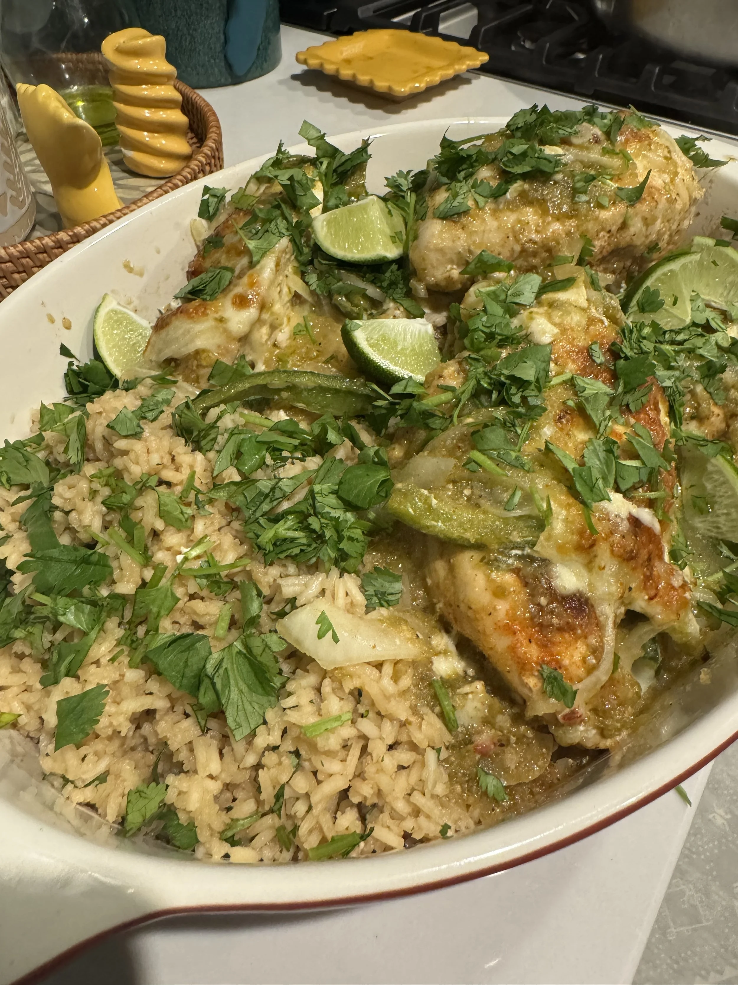 Creamy Stuffed Chile Verde Chicken and Cilantro Lime Rice