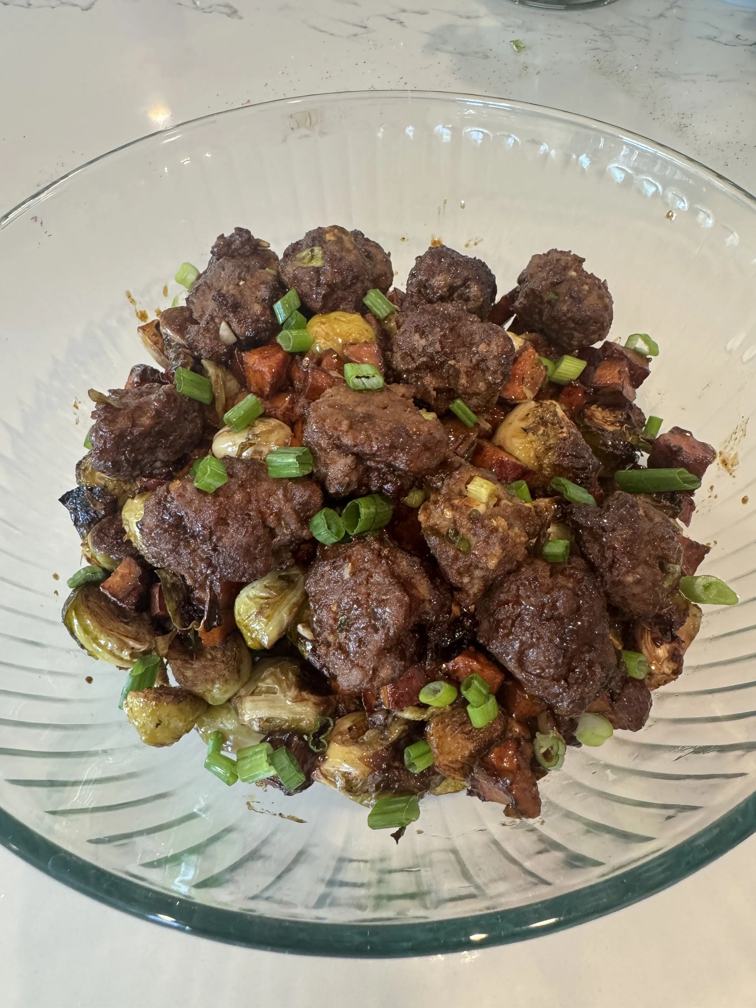 Korean BBQ meatballs with roasted sweet potato and brussel sprouts 