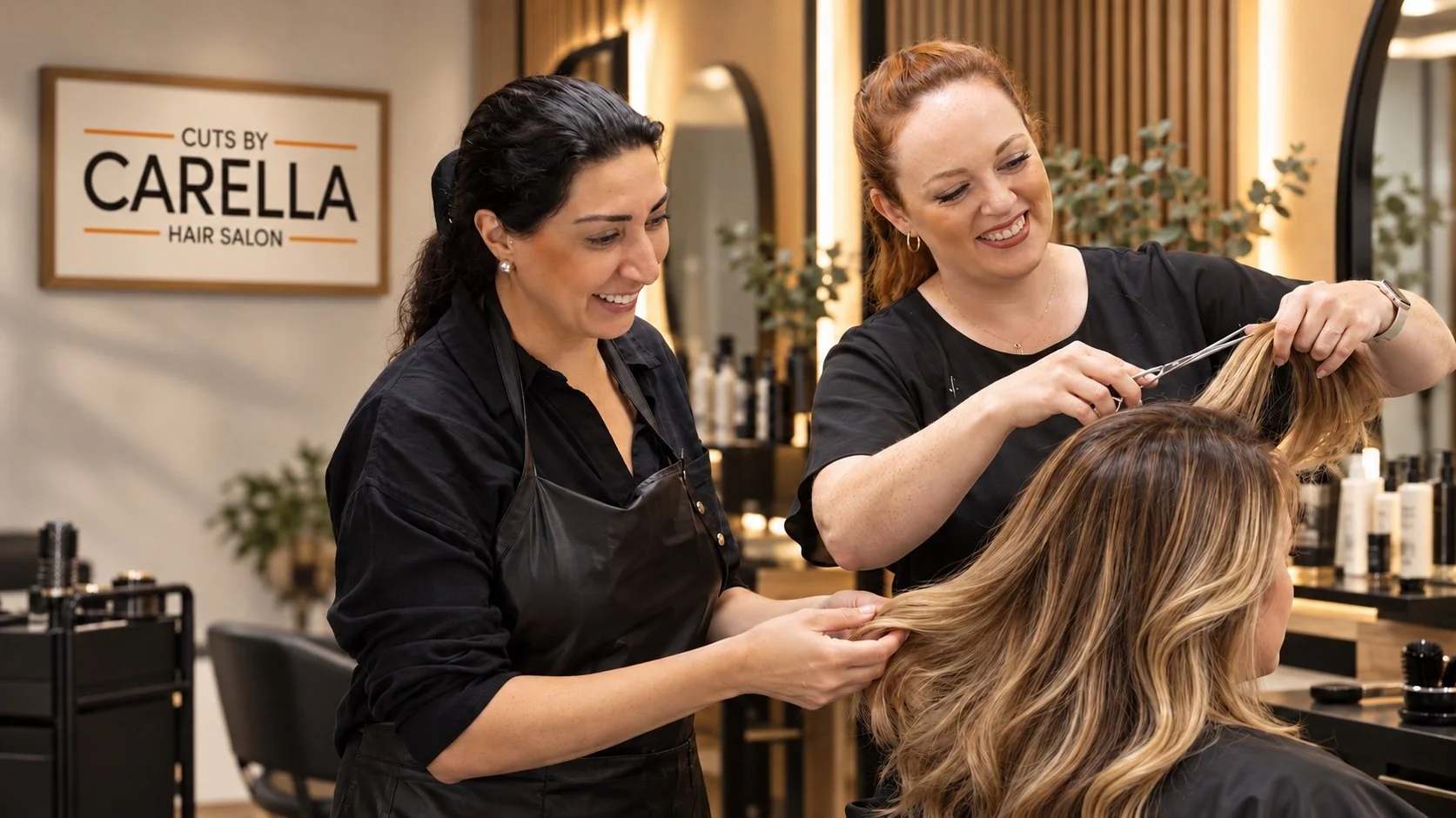 Two Cuts By Carella stylists work together on a client’s haircut and hair colour.
