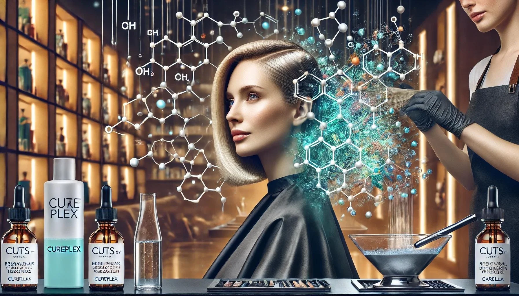 A high end salon scene at Cuts By Carella, showing a female client receiving a Restoration Treatment with Cureplex. A hot towel enhances absorption while a digital overlay illustrates molecular rebonding. The salon is modern with a tropical backdrop.