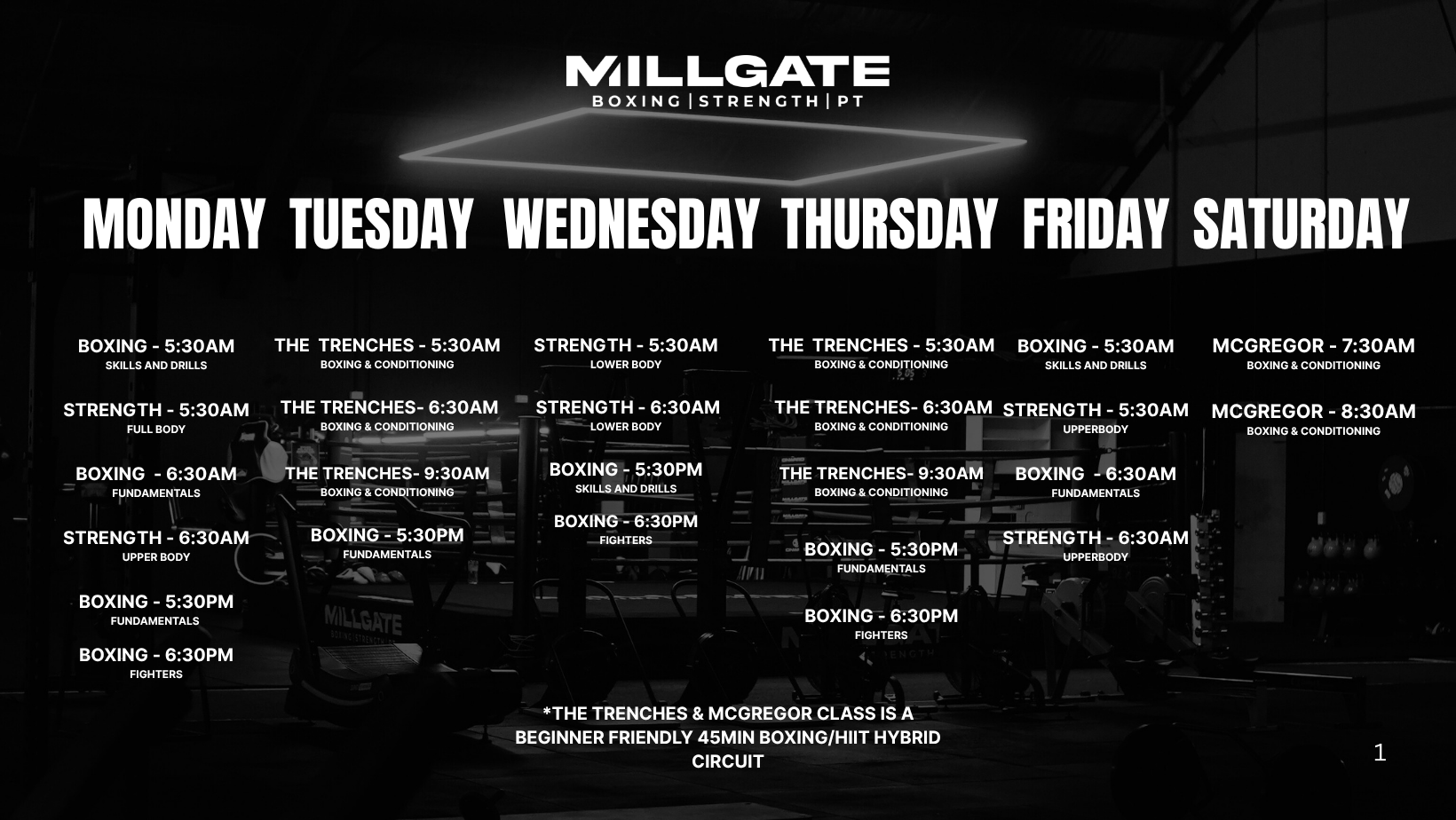 Millgate Boxing class timetable for boxing, strength and conditioning classes in Bayside Melbourne