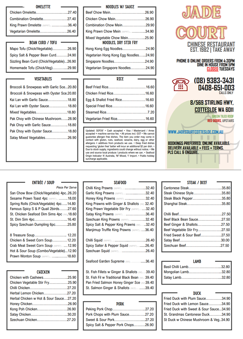 2026 September Take Away Menu JC Cott