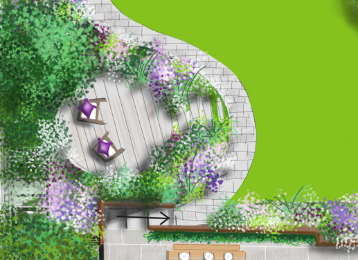 Top-down view of a garden patio with outdoor furniture, surrounded by lush greenery and flowering plants. nottinghamshire garden design by olive tree garden