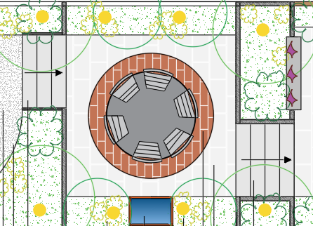 A garden layout with a central circular 6-seat table on a brick patio, surrounded by trees, bushes, and flowering plants, with pathways and a small blue structure. nottinghamshire garden design by olive tree garden
