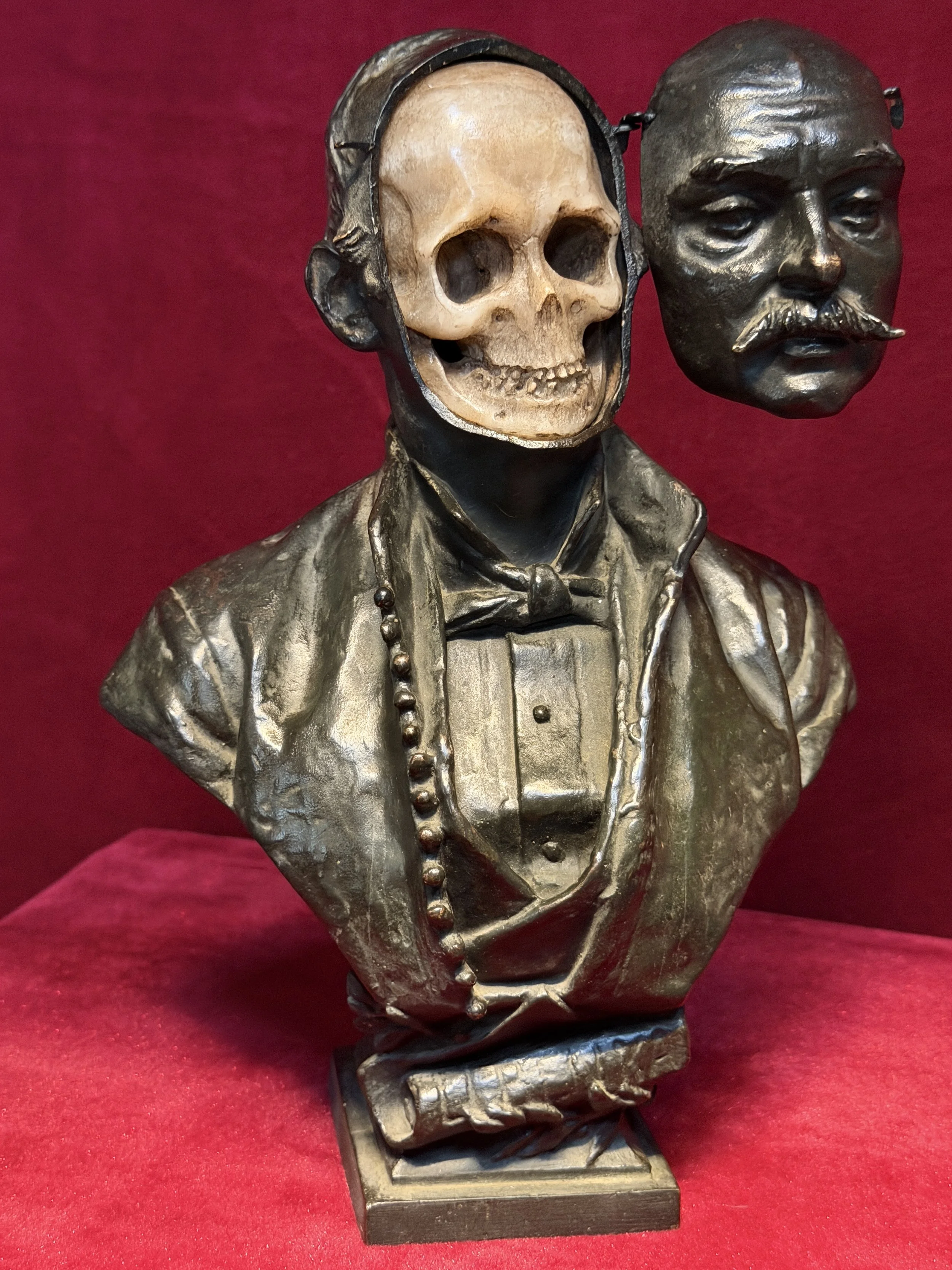 C. 1900 Antique Bronze & Carved Bone Vanitas Memento Mori Skull Bust Sculpture