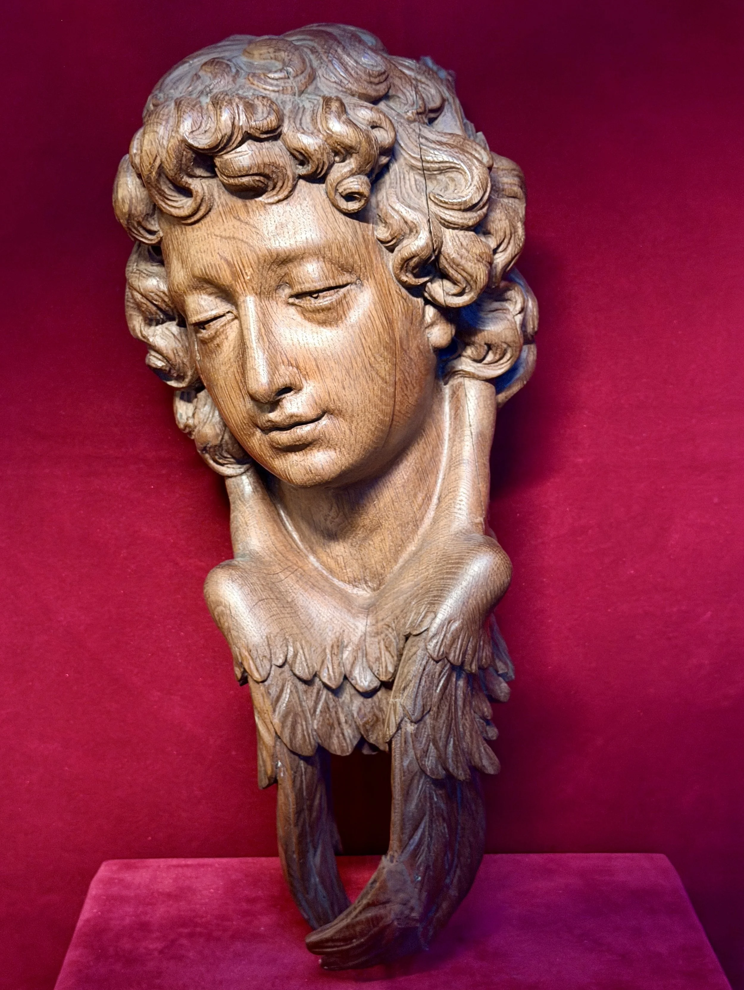 19th Century Life Size Carved Oak Religious Sculpture of Angel Head with Wings